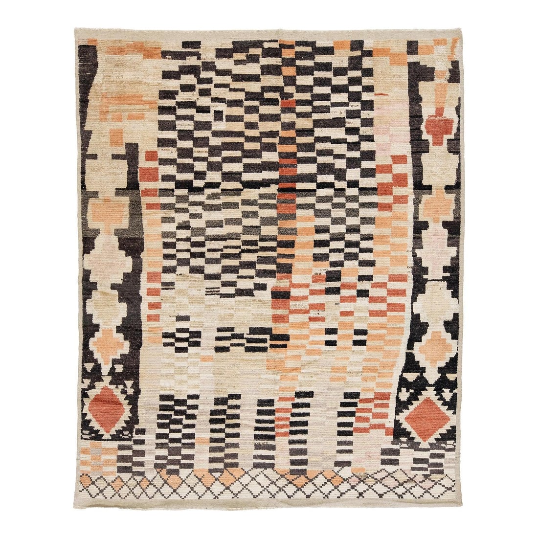 8'3 x 10'2 Wool Moroccan Geometric Rug: 8'3 x 10'2 Wool Moroccan Geometric Rug This modern Moroccan-style wool rug features an asymmetrical design that artfully combines traditional tribal motifs with contemporary geometric patterns. The ru