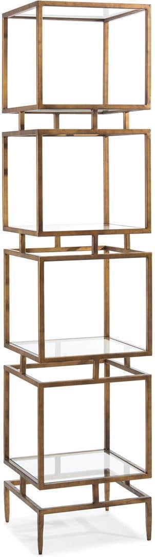 John-Richard Brass Glass Etagere 82H Modernist Design: John-Richard Brass Glass Etagere 82H Modernist Design This elegantly designed etagere features a striking combination of brass and glass, making it a perfect addition to any modern decor. Standing at 