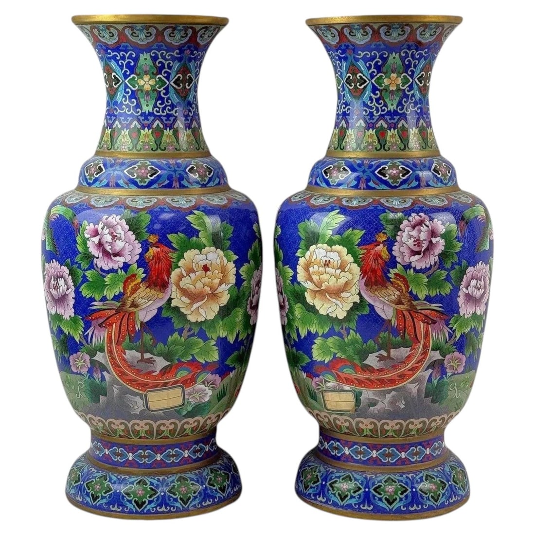 Set of 2 Chinese Cloisonne Enamel Bird Vases 26 in (1 of 13)