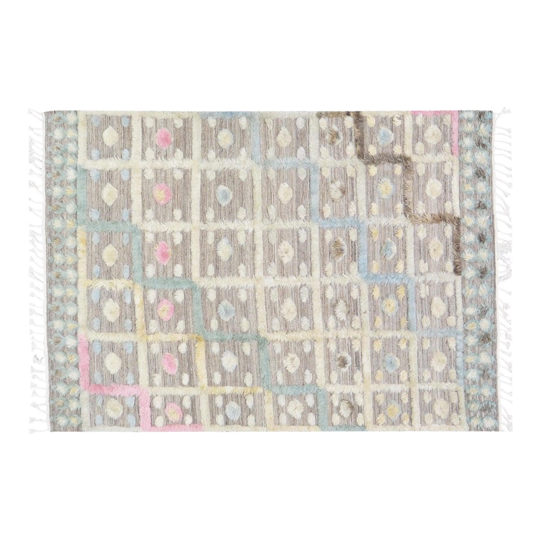 5' x 7'2" Wool Rug with Abstract Moroccan Pattern: 5' x 7'2" Wool Rug with Abstract Moroccan Pattern This Moroccan hand-knotted wool rug features a hi-low abstract design in brown tones. Crafted from wool, it offers a textured appearance and is suitab