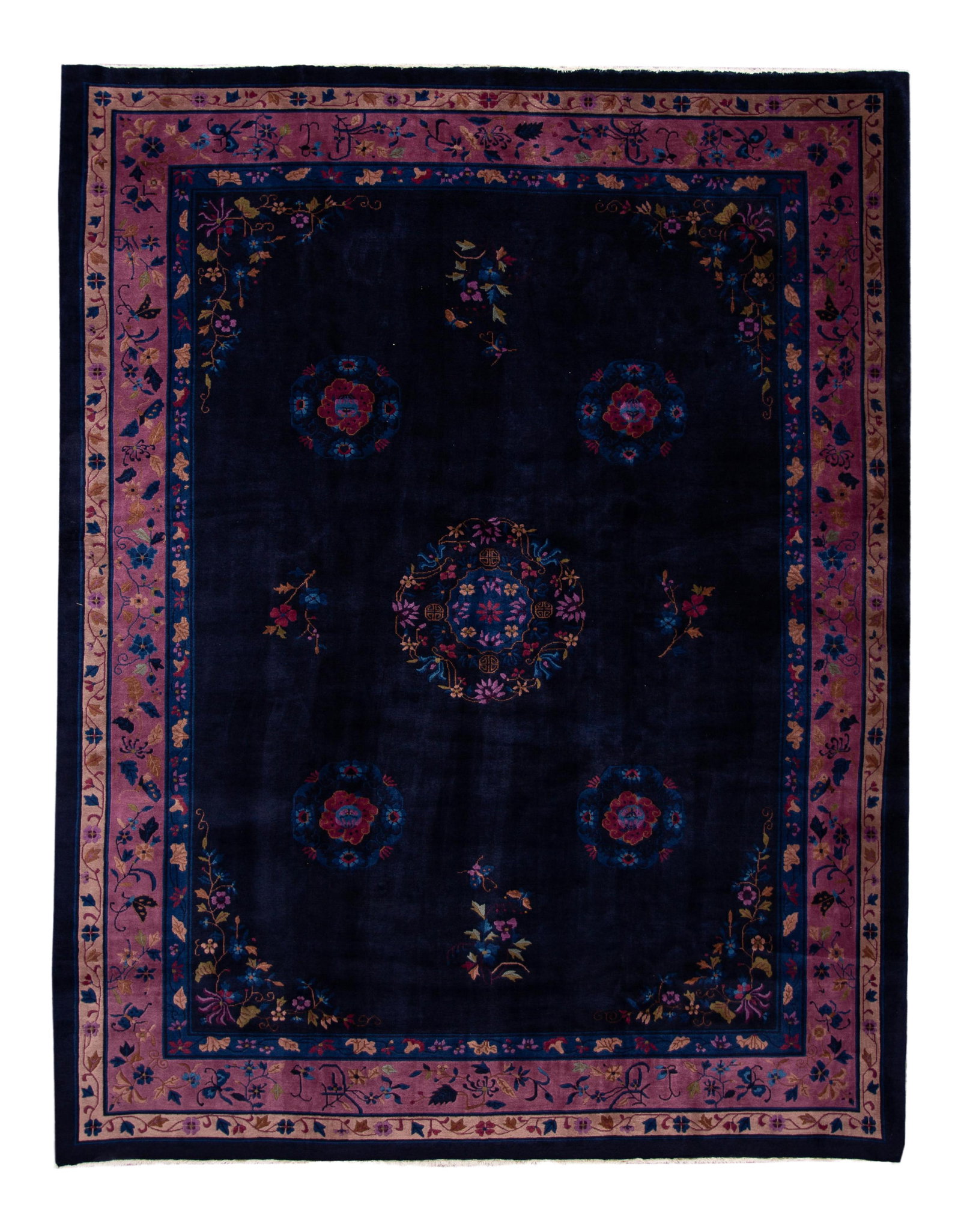 Antique Chinese Art Deco Wool Rug Dark Blue Floral 9' x 11'10": Antique Chinese Art Deco Wool Rug Dark Blue Floral 9' x 11'10" This stunning Antique Chinese Art Deco rug features a hand-knotted wool construction with a rich dark blue field and a contrasting purple