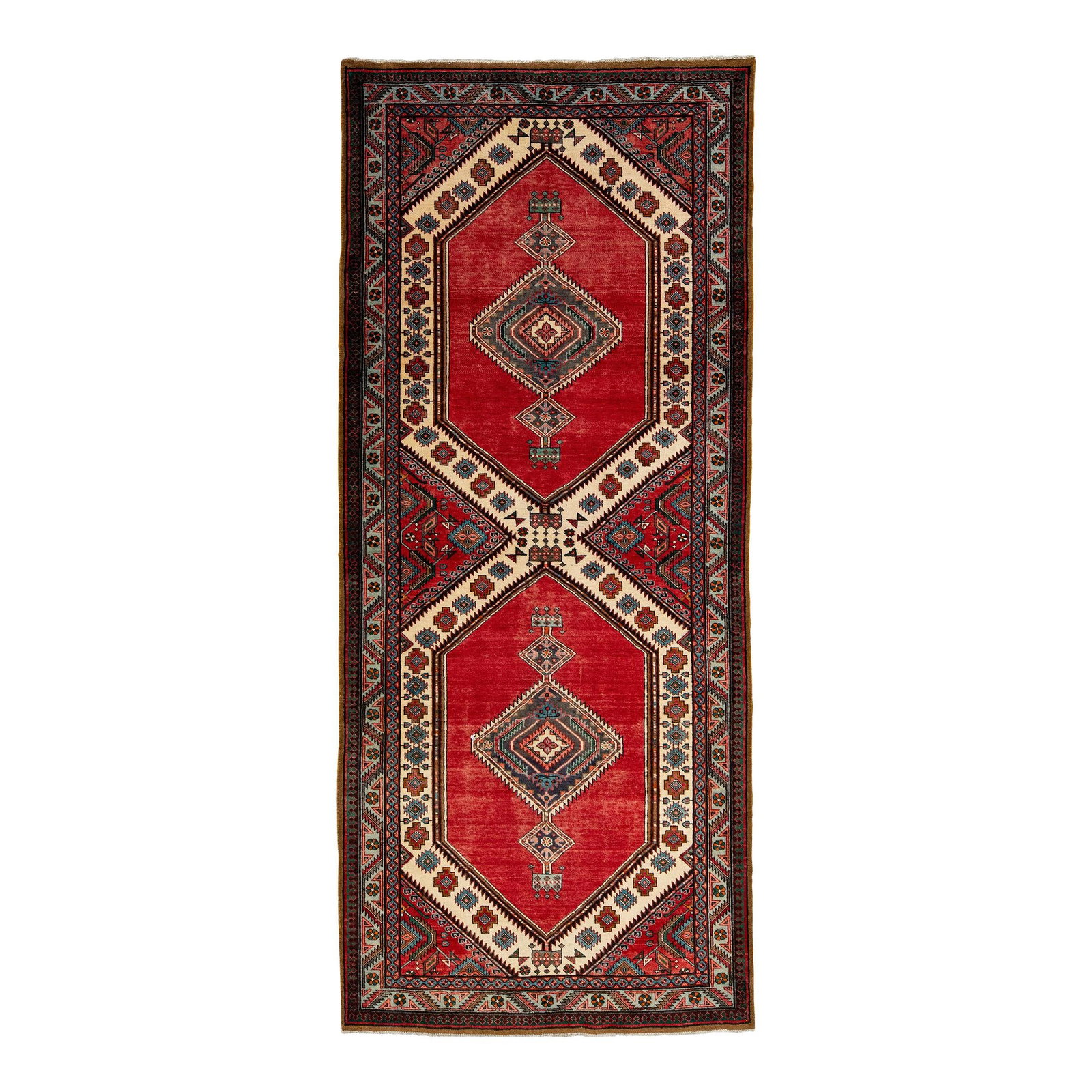 Handmade Vintage Heriz Red Wool Runner 4'9 x 11'2: Handmade Vintage Heriz Red Wool Runner 4'9 x 11'2 Enhance your space with this exquisite Handmade Red Vintage Heriz Designed Wool Runner. Featuring a rich red hue complemented by multicolor accents, t