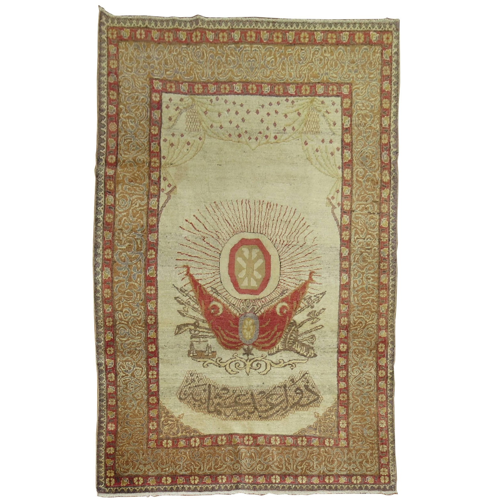 1920s Turkish Sivas Wool Hand Knotted Campaign Rug 55 x 77 in: 1920s Turkish Sivas Wool Hand Knotted Campaign Rug 55 x 77 in This symbolic Turkish Sivas carpet from the early 20th century was hand-knotted in wool and originally woven for the Turkish government. T