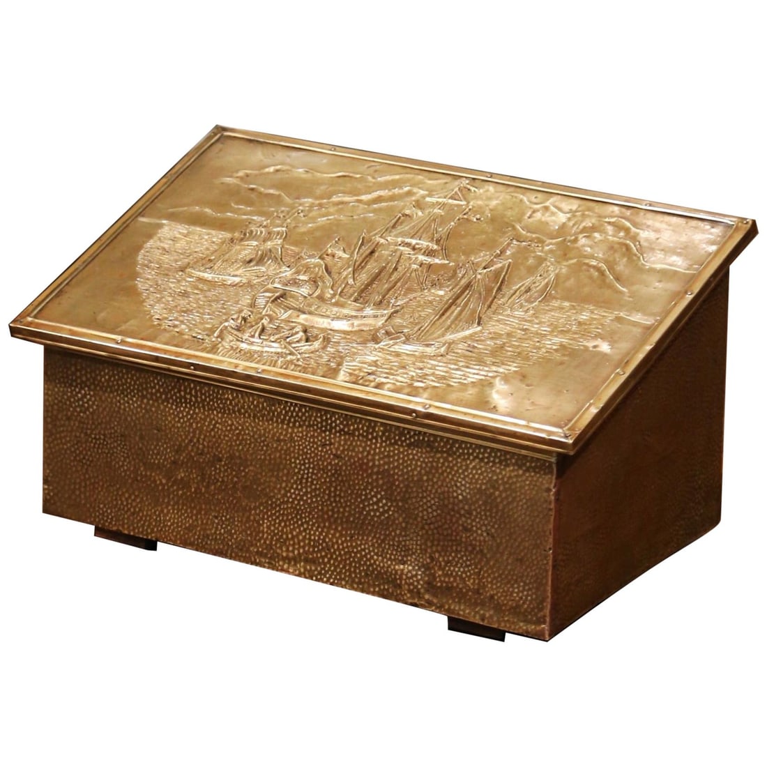 French Napoleon III Brass Wood Coffer with Sailboat Repousse Lid (1 of 8)
