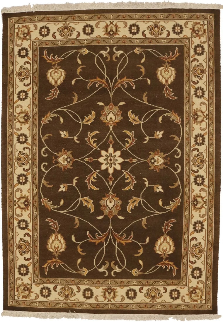 Floral Wool Sumak Rug Hand-Knotted 5'7" x 7'9" Modern Indian Carpet: Floral Wool Sumak Rug Hand-Knotted 5'7" x 7'9" Modern Indian Carpet This hand-knotted Sumak Oriental area rug features a modern floral pattern in shades of brown, cream, khaki, rust, and gold. Handmad