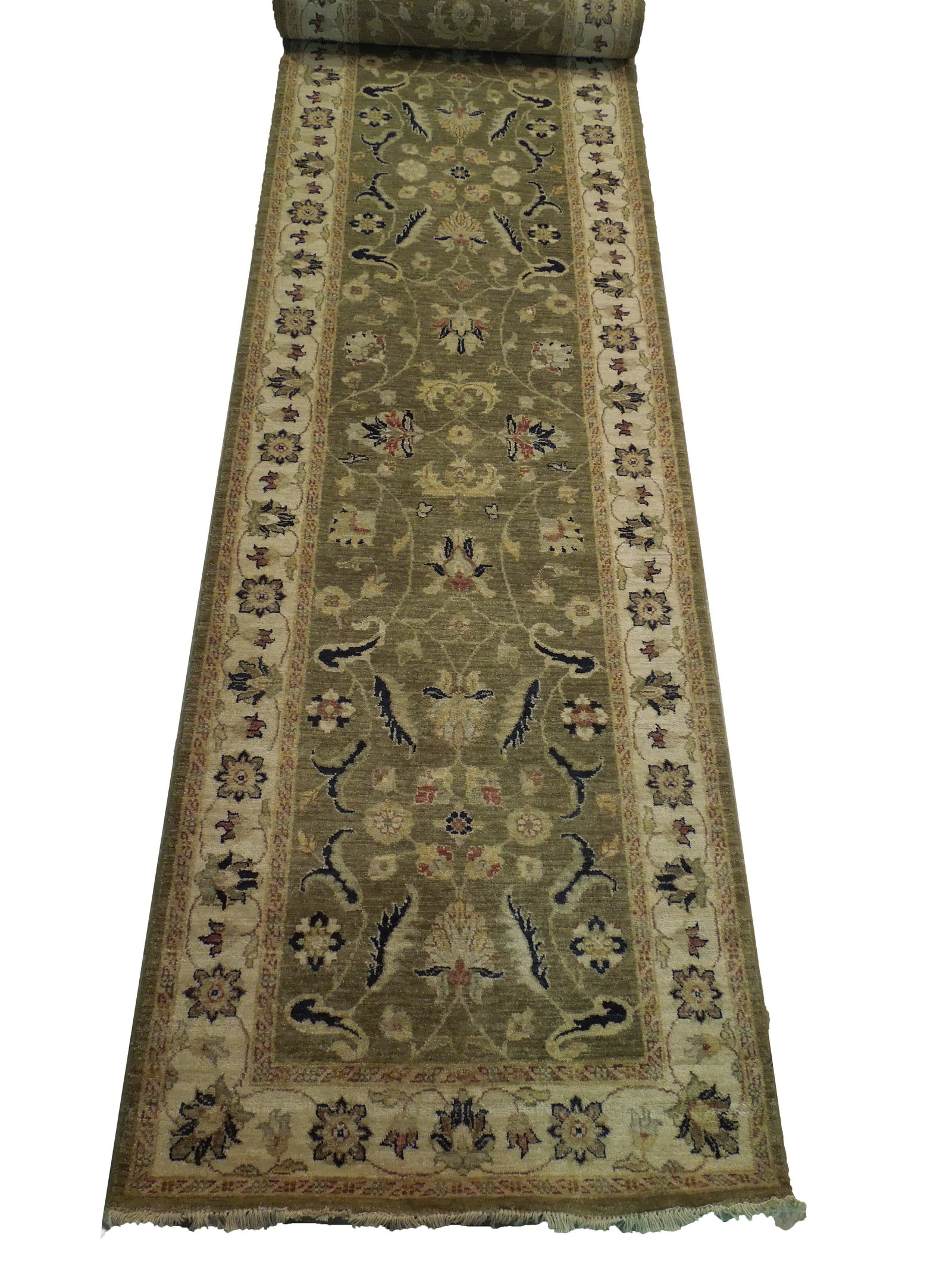 Handmade 2'10 x 13'4 Drab Chobi Runner with Vegetable Dyes: Handmade 2'10 x 13'4 Drab Chobi Runner with Vegetable Dyes Free continental US Shipping Enhance your living space with this exquisite Drab Color Vegetable Dyed Chobi Runner. Measuring 2' 10" x 13' 4",