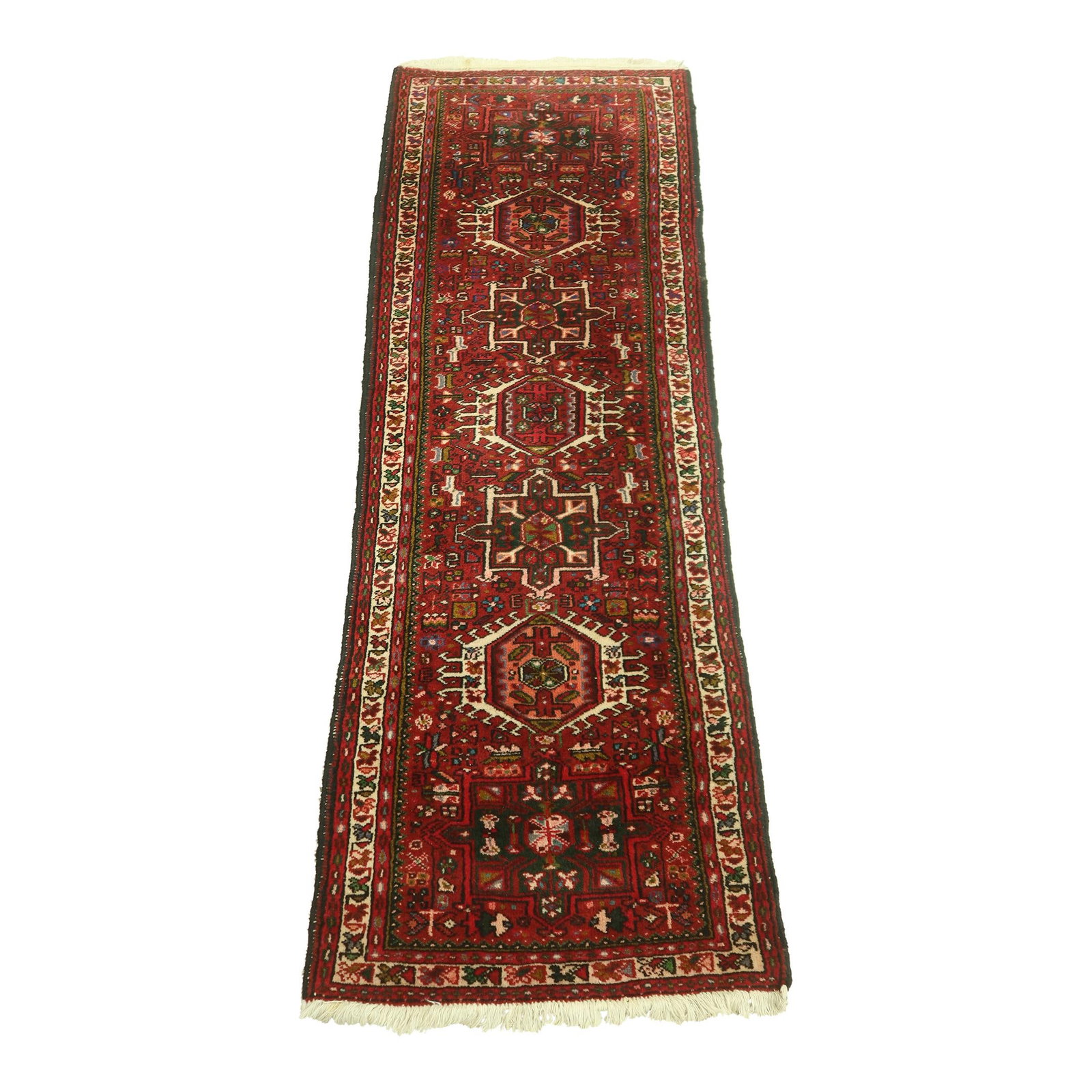 28 x 80 Inch Wool Hand Woven Vintage Red Runner Rug: 28 x 80 Inch Wool Hand Woven Vintage Red Runner Rug This vintage hand-woven runner rug is crafted from 100% wool and is approximately 60 years old. The rug features a red color and exhibits minor sign
