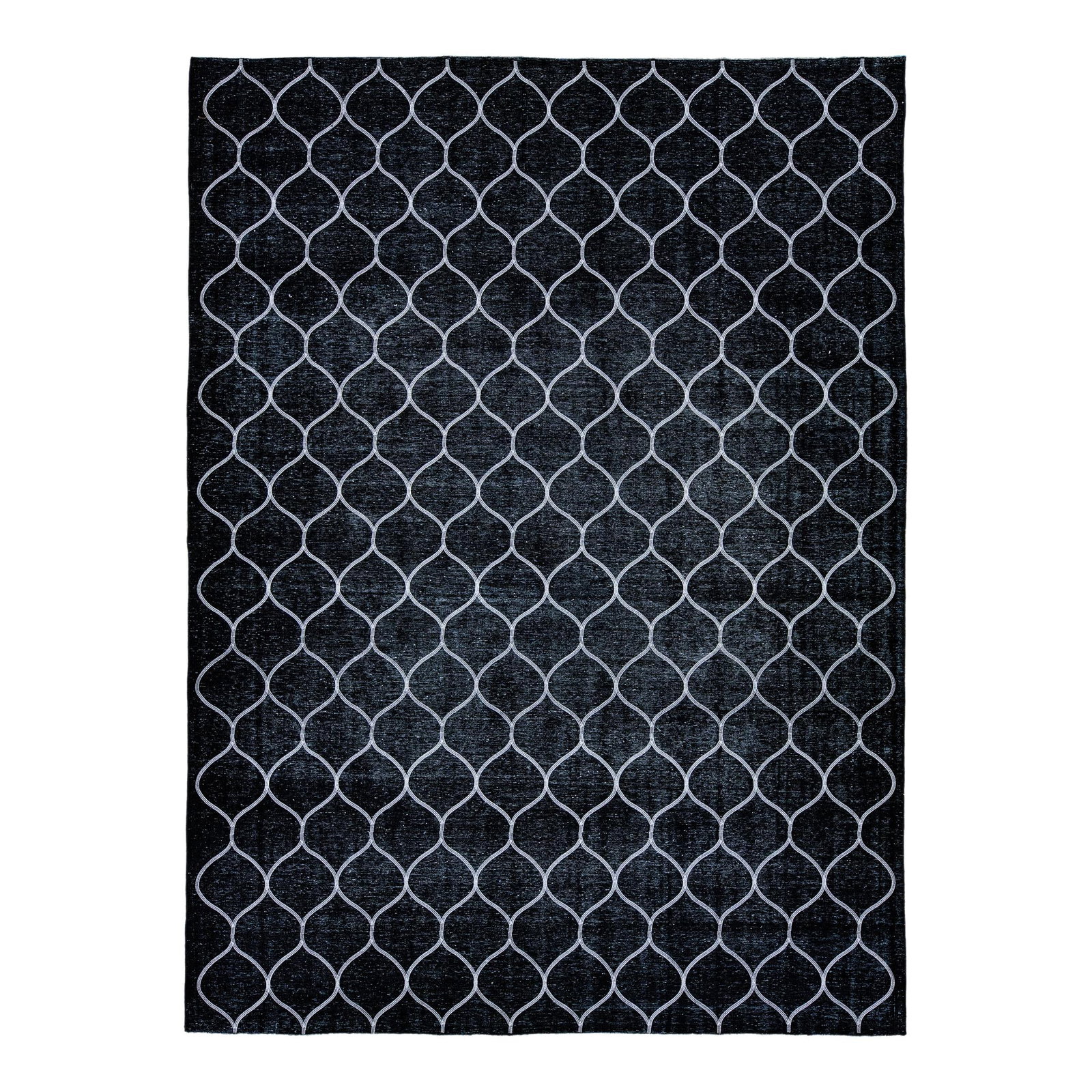 Modern Black Wool Rug with Geometric Trellis Design 9'5 x 13'3: Modern Black Wool Rug with Geometric Trellis Design 9'5 x 13'3 This exquisite Turkish handmade wool rug features a striking black distressed field adorned with elegant white accents and a captivating 