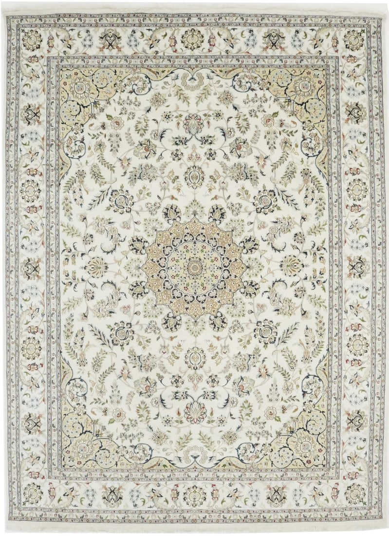 Hand-Knotted Wool and Silk Indo-Nain Floral Area Rug 8'11 x 12'1: Hand-Knotted Wool and Silk Indo-Nain Floral Area Rug 8'11 x 12'1 This vintage Indo-Nain area rug features a classic floral pattern with a harmonious blend of cream, beige, red, light grey, green, tan,