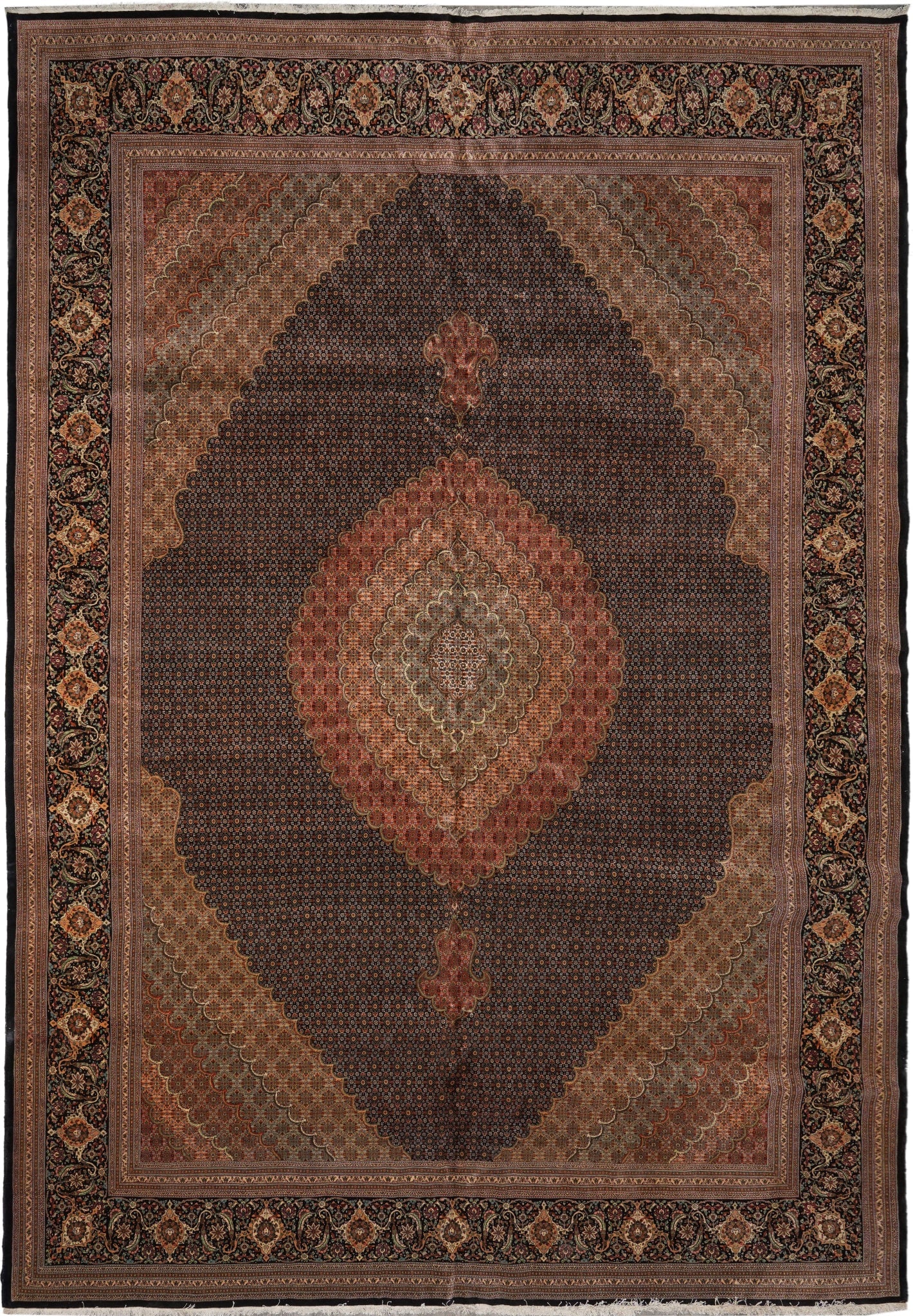 Persian Tabriz Mahi Handmade Wool Silk Rug 11.6 x 16.6 400 KPSI Black: Persian Tabriz Mahi Handmade Wool Silk Rug 11.6 x 16.6 400 KPSI Black Free continental US Shipping This authentic Persian Tabriz Mahi rug is hand-knotted in Iran and showcases traditional craftsmanshi
