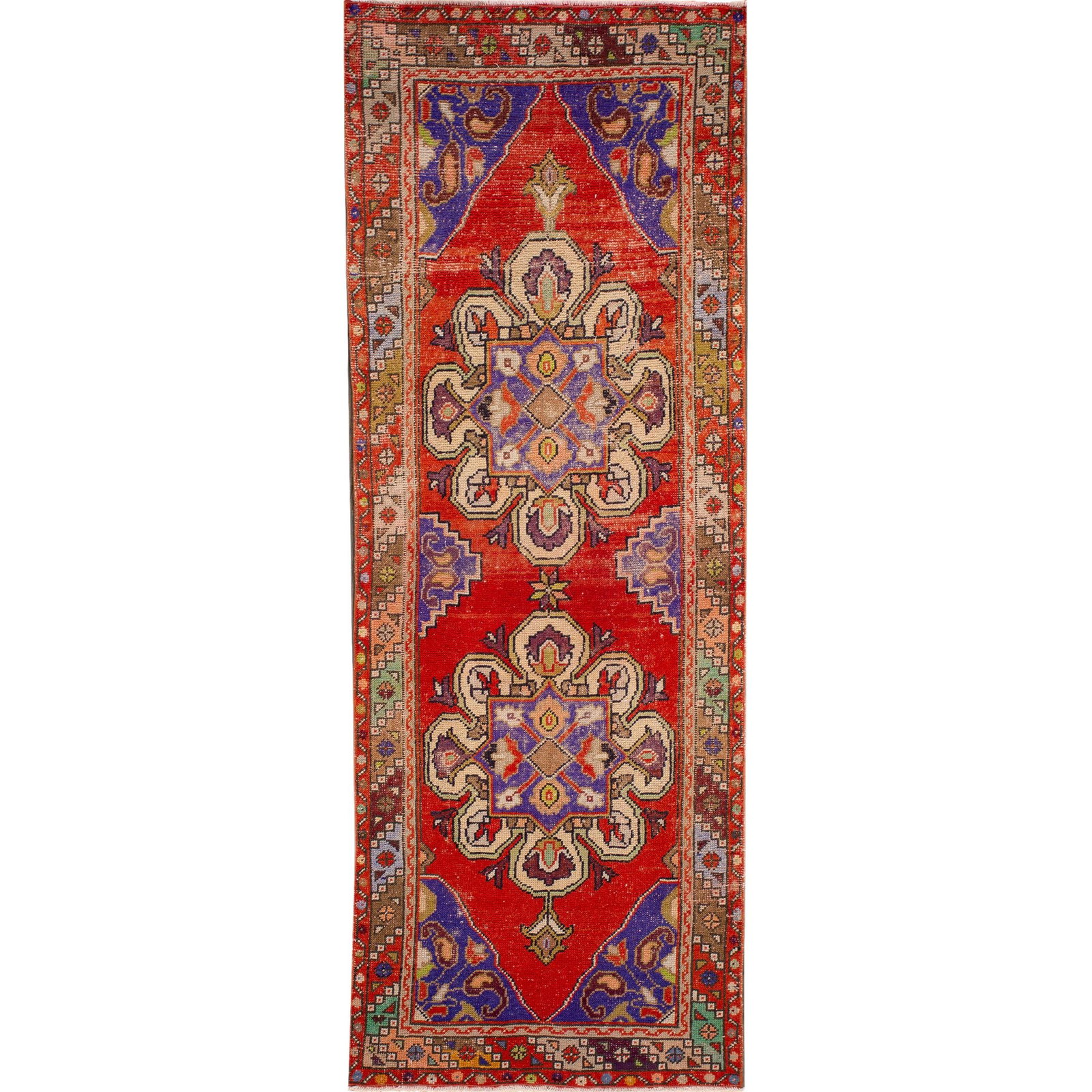 Vintage Turkish Handmade Red Wool Runner 3'2 x 8'4 Multi-Medallion Design: Vintage Turkish Handmade Red Wool Runner 3'2 x 8'4 Multi-Medallion Design This exquisite vintage Turkish handmade wool runner features a striking red field adorned with ivory and purple accents in a c