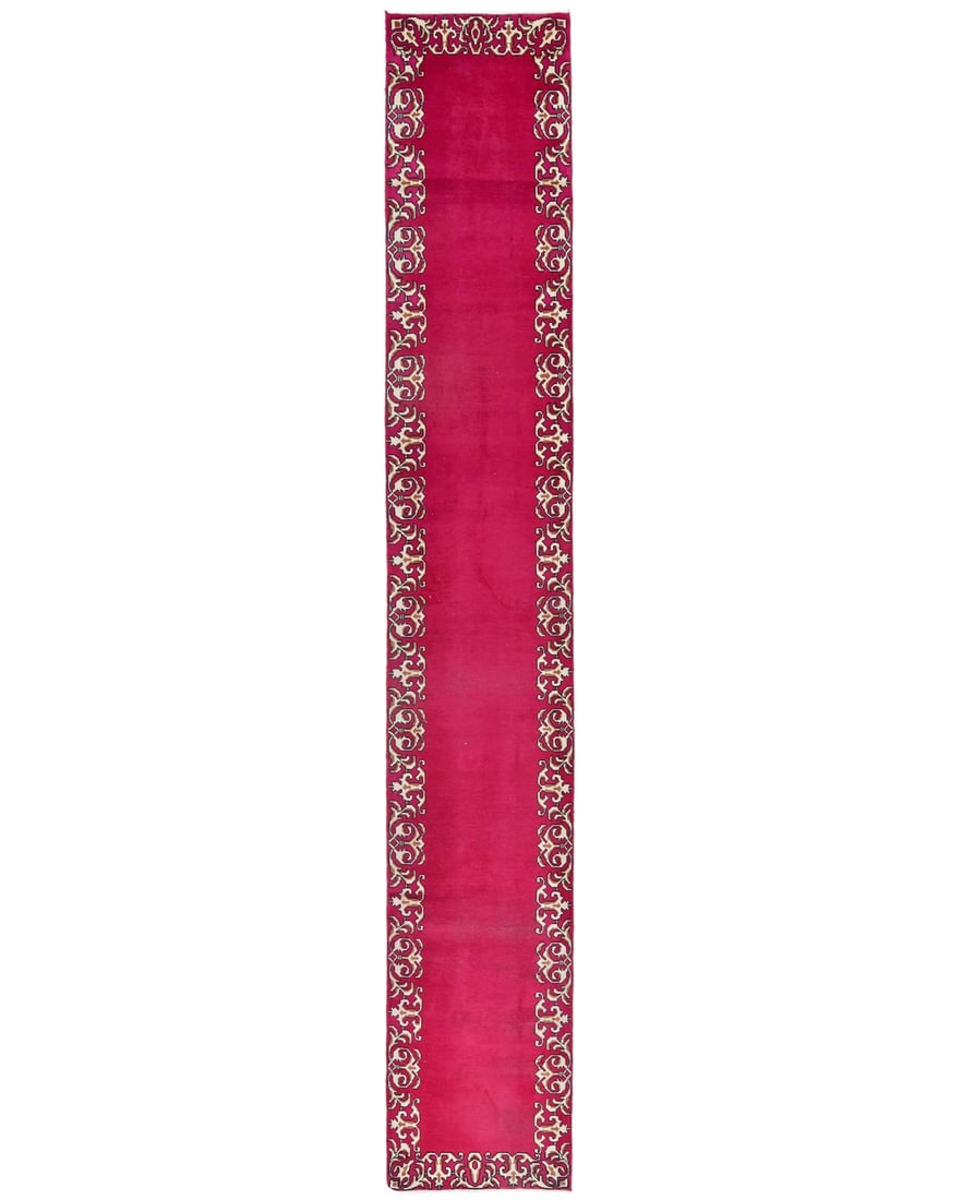 Hand-Knotted Wool Runner Rug 2'5 x 15'5 Traditional Floral Design: Hand-Knotted Wool Runner Rug 2'5 x 15'5 Traditional Floral Design This handmade Oriental runner rug features a traditional floral pattern in fuchsia, rose, cream, charcoal, and brown tones. Expertly h