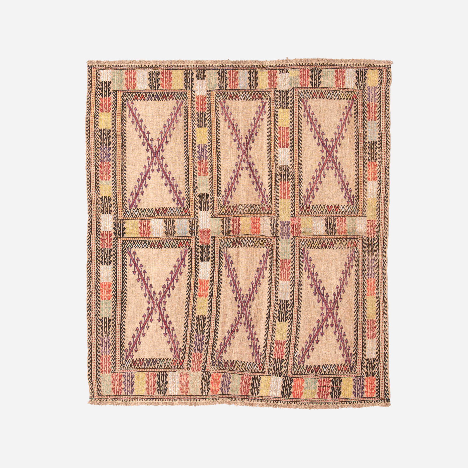 Authentic Handmade Cicim Wool Kilim 54.3 x 60.6 Inches: Authentic Handmade Cicim Wool Kilim 54.3 x 60.6 Inches Discover the charm of this Authentic Handmade Cicim, expertly crafted from high-quality wool on a wool foundation. This beautiful kilim features 