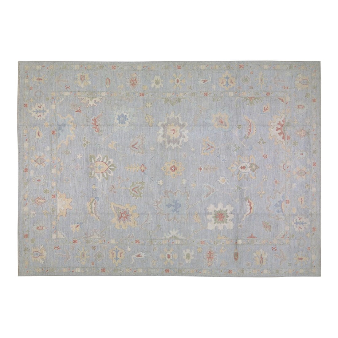 Turkish Oushak Hand Knotted Wool Rug 12x14'7 Blue: Turkish Oushak Hand Knotted Wool Rug 12x14'7 Blue This Turkish Oushak rug is professionally hand-knotted from wool, showcasing traditional craftsmanship combined with a modern design sensibility. Its 