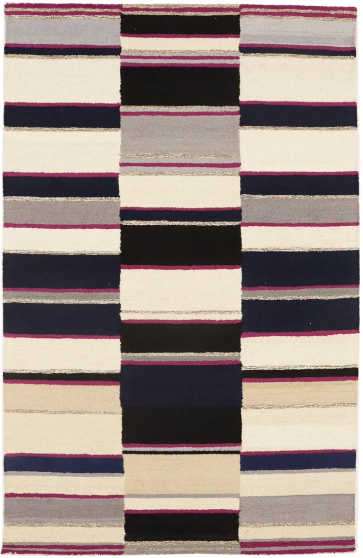 5x8 Wool Modern Rug With Multicolored Geometric Stripe Pattern: 5x8 Wool Modern Rug With Multicolored Geometric Stripe Pattern This multicolored area rug features a contemporary geometric striped pattern, hand-tufted from wool for a high pile and soft feel. Design