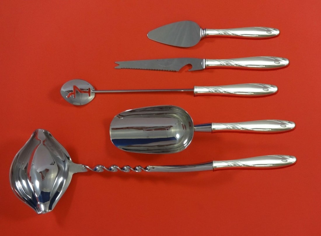 Gorham Willow Sterling Silver 5pc Cocktail Party Serving Set: Gorham Willow Sterling Silver 5pc Cocktail Party Serving Set Elevate your cocktail parties with this exquisite 5-piece serving set from Gorham's Willow collection. Each piece is crafted from sterling 