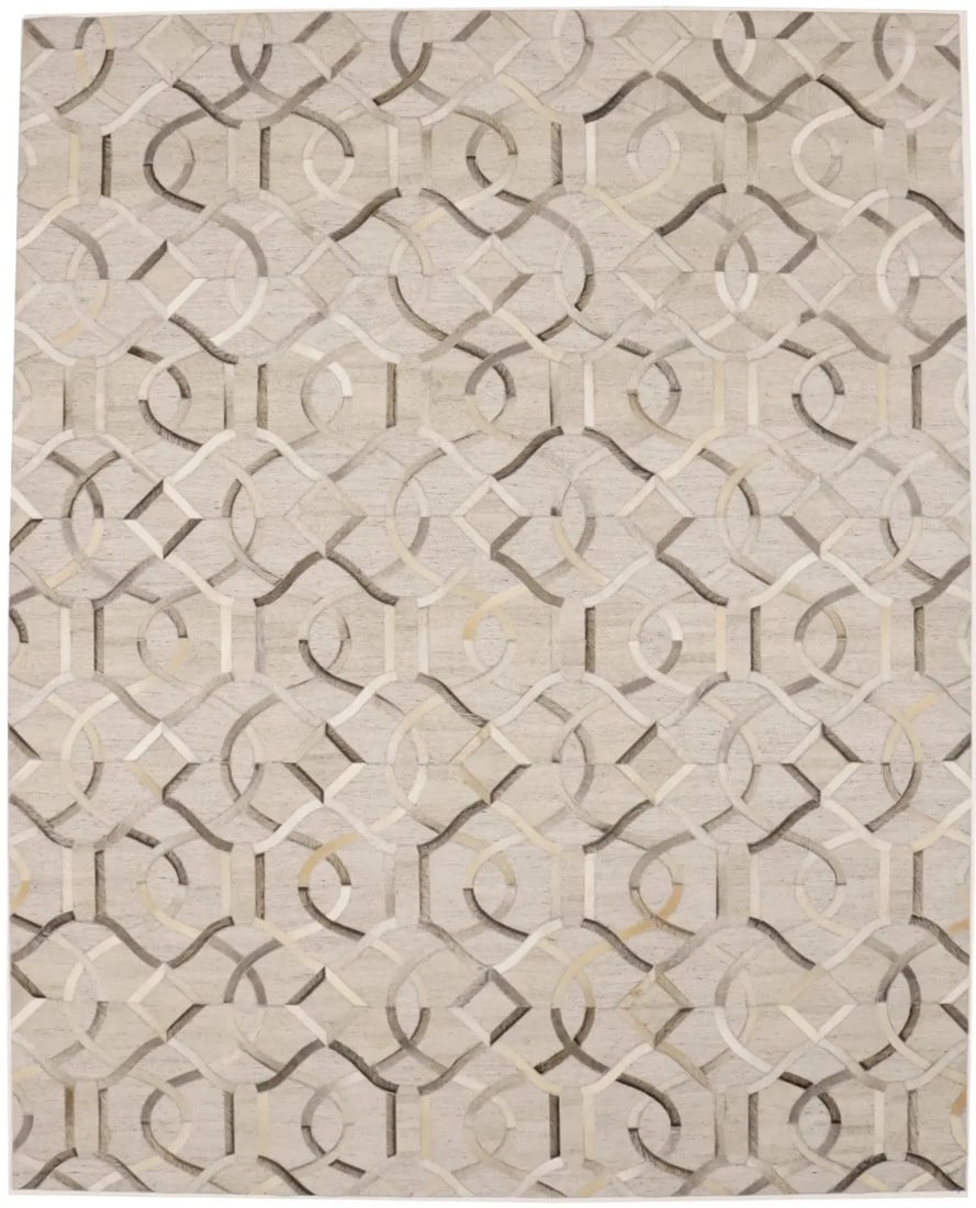 Large Modern Silver Gray Leather Area Rug Handcrafted 8x10 Foot Geometric Carpet: Large Modern Silver Gray Leather Area Rug Handcrafted 8x10 Foot Geometric Carpet This large contemporary area rug is hand-stitched from silver gray cowhide leather, offering a modern geometric pattern