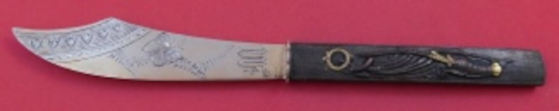 Japanese Kozuka Silver Fish Knife with Butterfly Motif: Japanese Kozuka Silver Fish Knife with Butterfly Motif This Japanese Kozuka fish knife features a mixed metals design with a traditional Japanese motif, including a short butterfly and leaves on the b