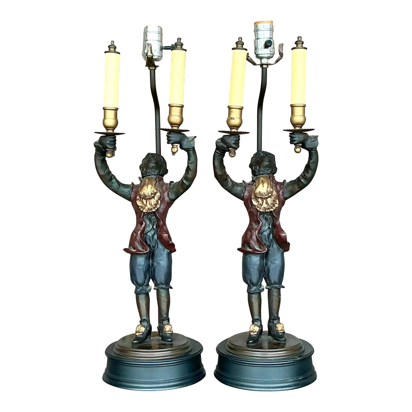 Pair of Vintage Boho Gilt Tipped Monkey Lamps: Pair of Vintage Boho Gilt Tipped Monkey Lamps Add a touch of whimsical charm to your decor with this delightful pair of Vintage Boho gilt-tipped monkey lamps. Featuring a playful design complemented b