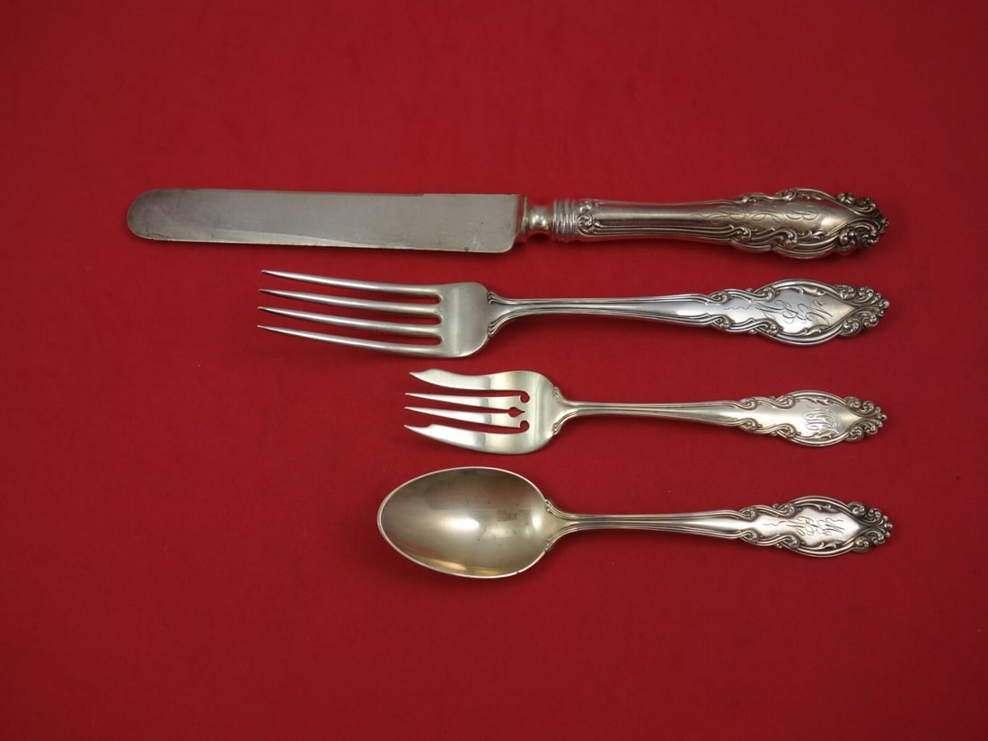 Gothic Pattern 4pc Sterling Silver Place Setting by Dominick & Haff: Gothic Pattern 4pc Sterling Silver Place Setting by Dominick & Haff Discover a beautiful estate 4-piece dinner size place setting from the Gothic pattern by Dominick & Haff, crafted from high-quality 