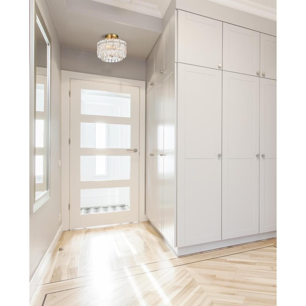 Emilia 3-Light Satin Gold Crystal Flush Mount Chandelier 12 inch: Emilia 3-Light Satin Gold Crystal Flush Mount Chandelier 12 inch This modern flush mount chandelier features a satin gold finish and royal cut clear crystal accents, offering a sophisticated touch to 