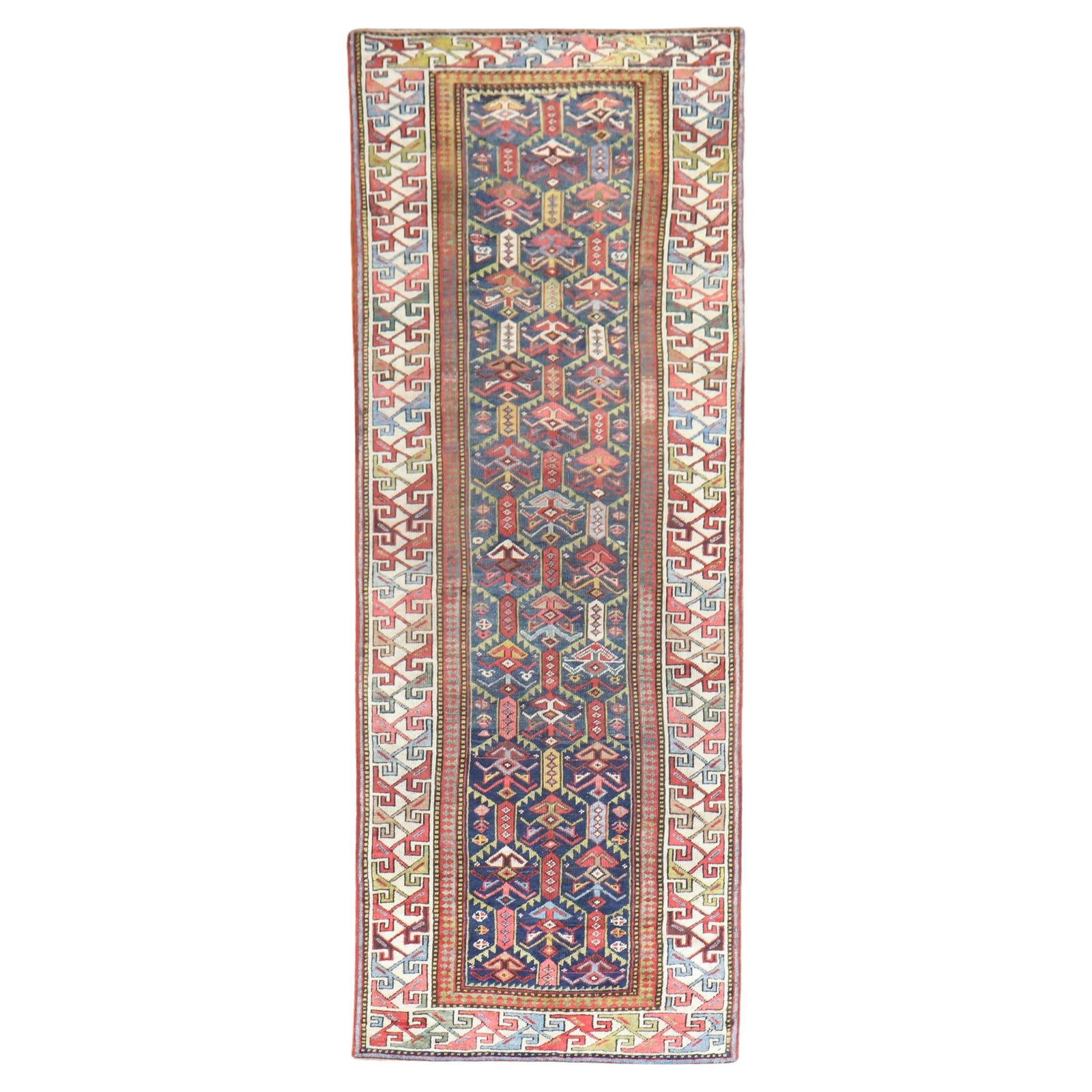 Early 20th Century Hand-Woven Caucasian Gendje Runner 41 x 117 in Wool Tribal Rug: Early 20th Century Hand-Woven Caucasian Gendje Runner 41 x 117 in Wool Tribal Rug This early 20th-century Caucasian Gendje runner is a stunning representation of tribal artistry, measuring 41 in (104.