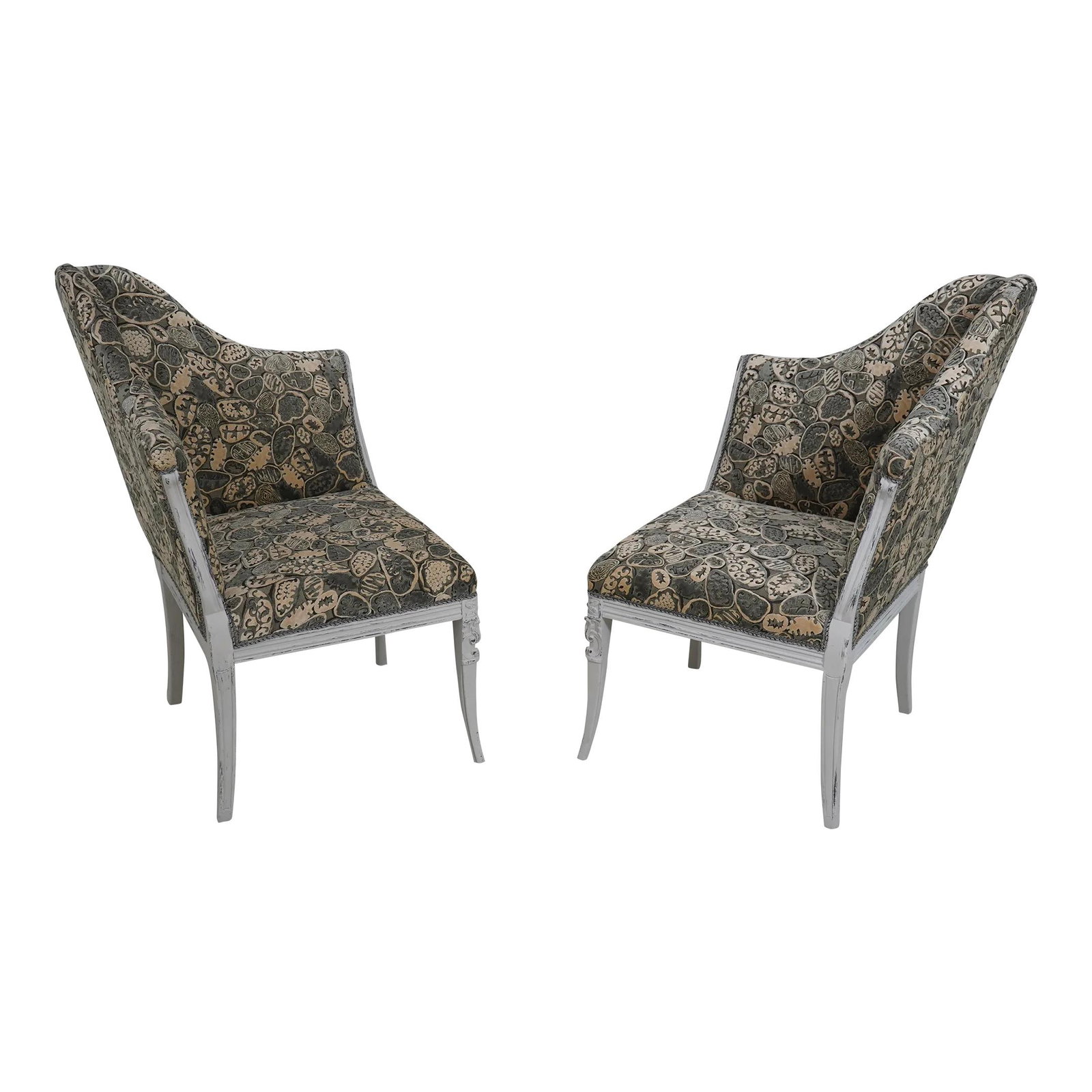 Vintage 1940s Hollywood Regency Upholstered Fireside Chairs Pair: Vintage 1940s Hollywood Regency Upholstered Fireside Chairs Pair This exquisite pair of Hollywood Regency fireside chairs, dating back to the 1940s, showcases a perfect blend of vintage charm and mode
