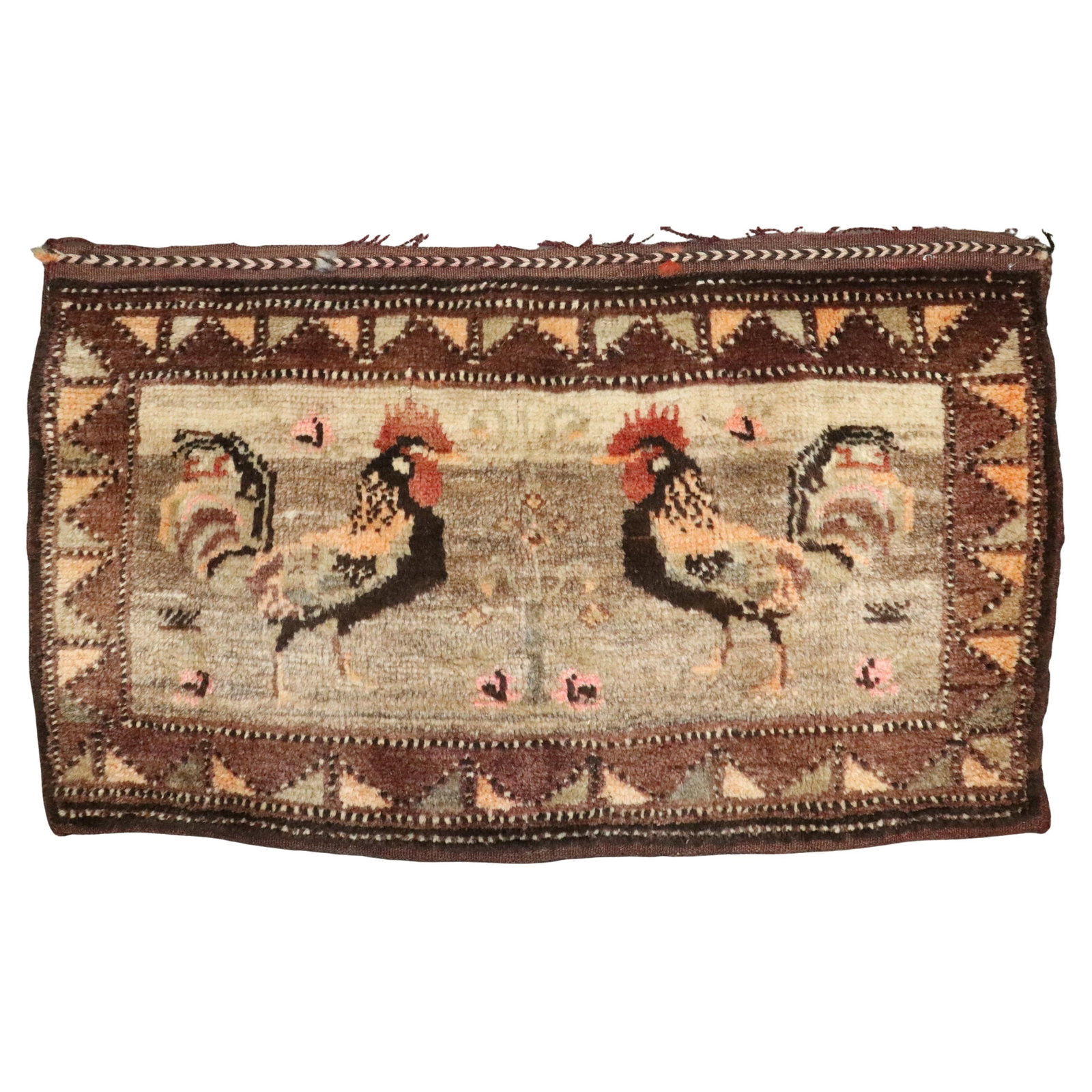 Mid 20th Century Turkish Kars Small Roosters Hand-Woven Rug: Mid 20th Century Turkish Kars Small Roosters Hand-Woven Rug This exquisite mid-20th century Turkish Kars rug showcases a vibrant folk art design featuring two roosters set against a warm camel color f