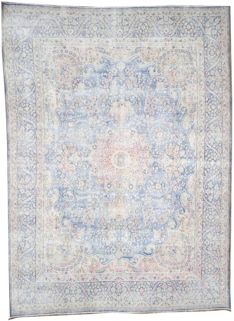 Hand Knotted Wool Floral Area Rug 9'7 x 13'0 Vintage Muted Colors: Hand Knotted Wool Floral Area Rug 9'7 x 13'0 Vintage Muted Colors This semi-antique Oriental rug features a hand-knotted wool construction with a distressed, muted color palette including navy, cream,