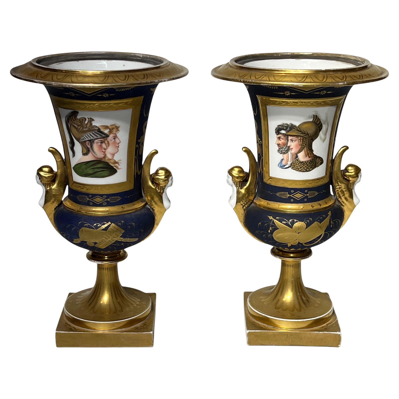 Set of 2 Neoclassical Paris Porcelain Campana Vases with Gilt Decor 19th Century: Set of 2 Neoclassical Paris Porcelain Campana Vases with Gilt Decor 19th Century This pair of 19th century Paris porcelain vases features a neoclassical campana form, adorned with extensive gilt decor