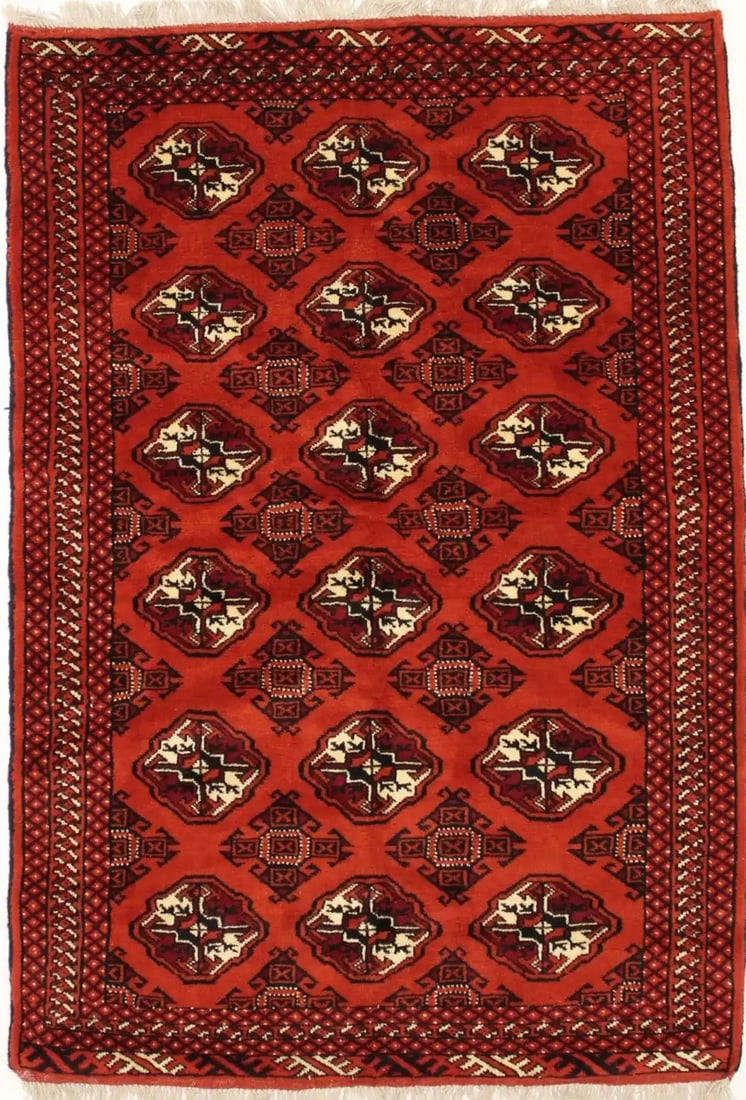 Scarlet Red Tribal Geometric 4x6 Hand-Knotted Wool Area Rug: Scarlet Red Tribal Geometric 4x6 Hand-Knotted Wool Area Rug Enhance your space with this stunning Scarlet Red Geometric Tribal Design Area Rug, measuring 4' 2" X 6' 1". This original, hand-knotted rug