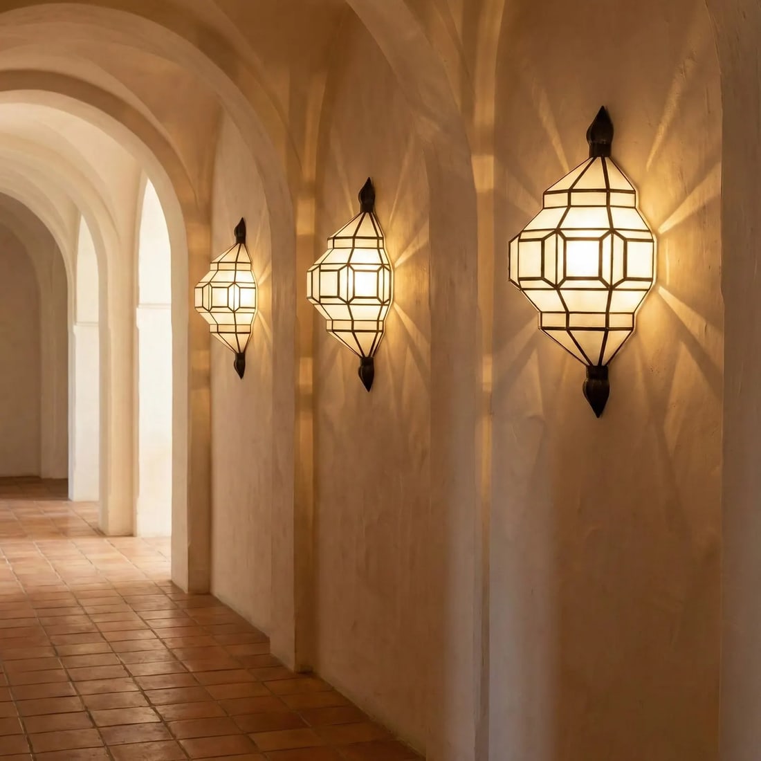 Moroccan Brass Geometric Wall Sconce with Frosted Glass (1 of 9)