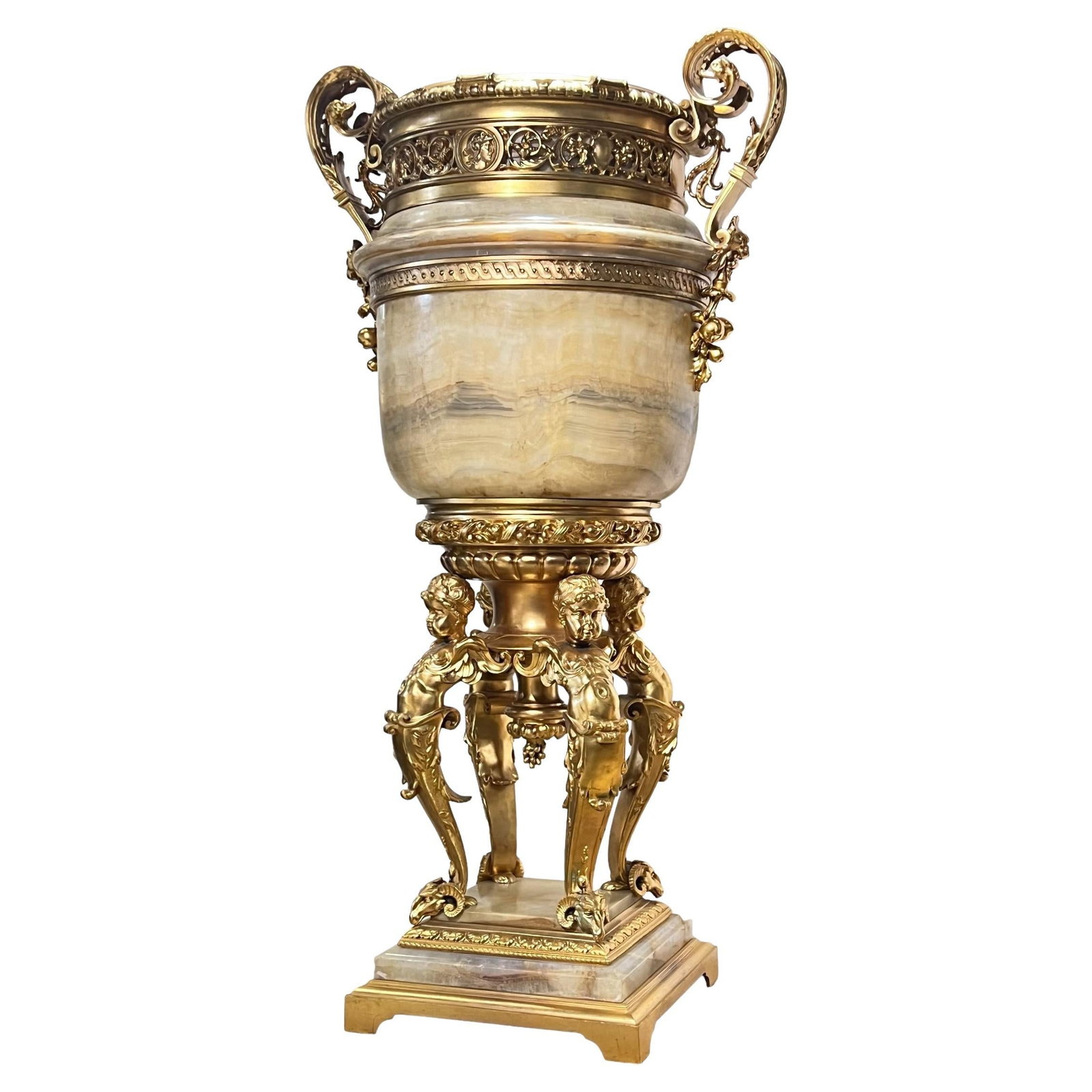 Large French Onyx Floor Vase with Gilt Bronze Louis XVI Mounts 19th Century: Large French Onyx Floor Vase with Gilt Bronze Louis XVI Mounts 19th Century This monumental French neoclassical floor vase from the late 19th century features exquisite onyx construction with finely c