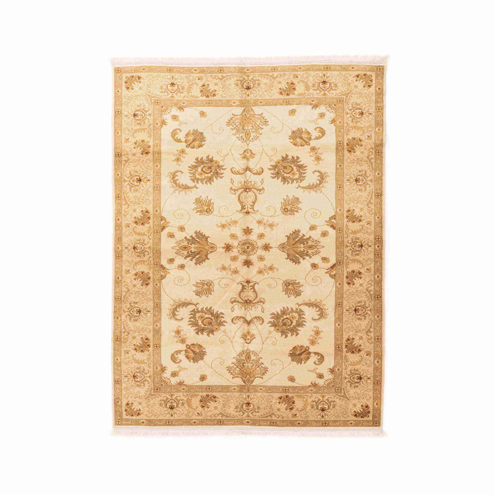 Authentic Usak Handmade Wool Carpet 67.7 x 92.1 Inches: Authentic Usak Handmade Wool Carpet 67.7 x 92.1 Inches Discover the beauty of this Authentic Handmade Usak Wool on Wool Carpet, meticulously crafted with double knots. This stunning piece originates f
