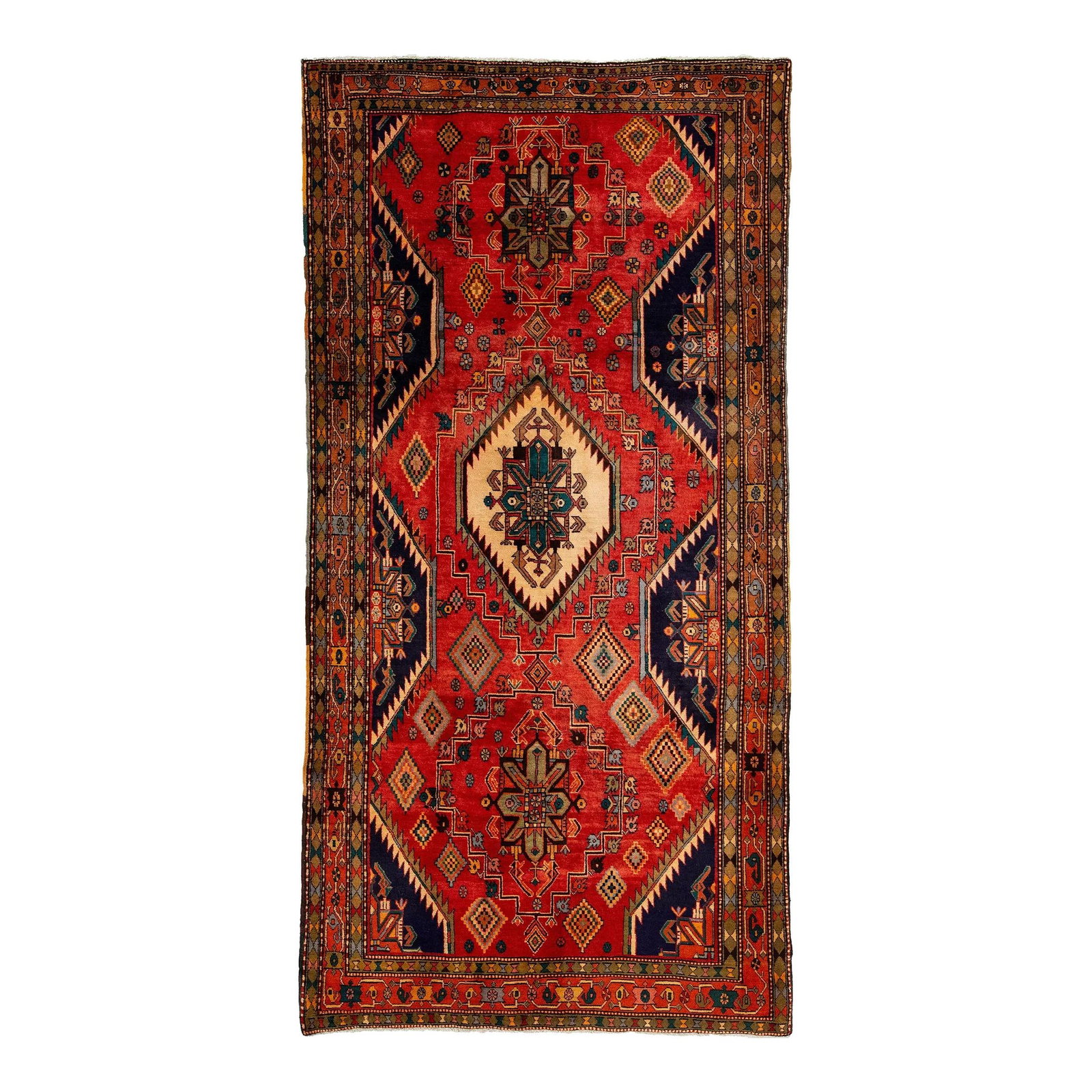 Vintage Heriz Red Navy Blue Wool Rug 4'10 x 9'9 Allover Design: Vintage Heriz Red Navy Blue Wool Rug 4'10 x 9'9 Allover Design This vintage wool rug features a captivating all-over design in rich red and navy blue with multicolor accents, adding a unique touch to 