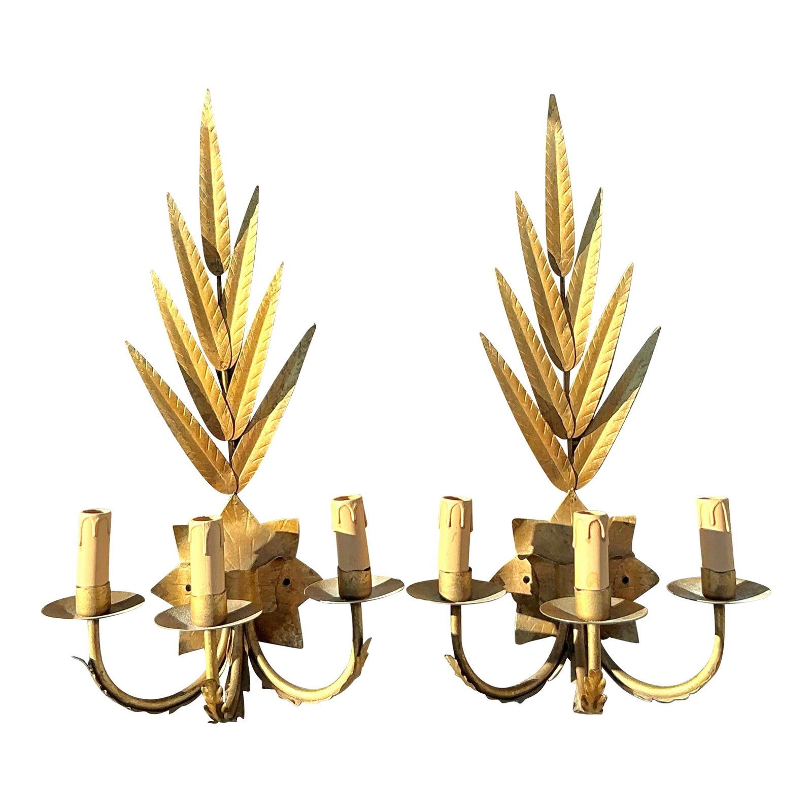 Vintage Regency Gilt Leaf Sconce Pair Elegant Metal Candle Arms (1 of 10)