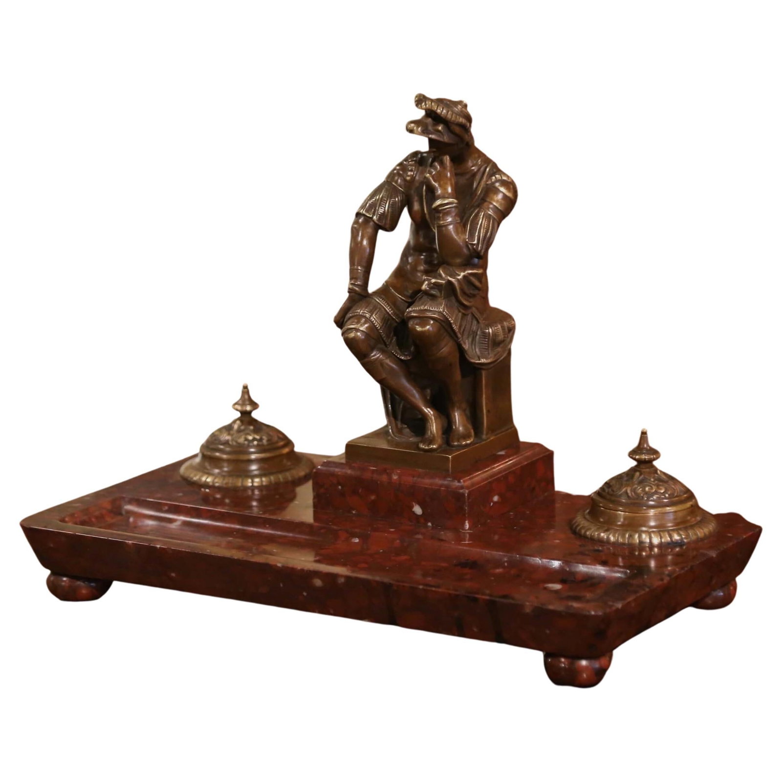 19th Century French Bronze Inkwell with Roman Soldier on Marble Base: 19th Century French Bronze Inkwell with Roman Soldier on Marble Base This exquisite 19th Century French Bronze Inkwell is a stunning example of Empire style craftsmanship. Created circa 1870, it featu