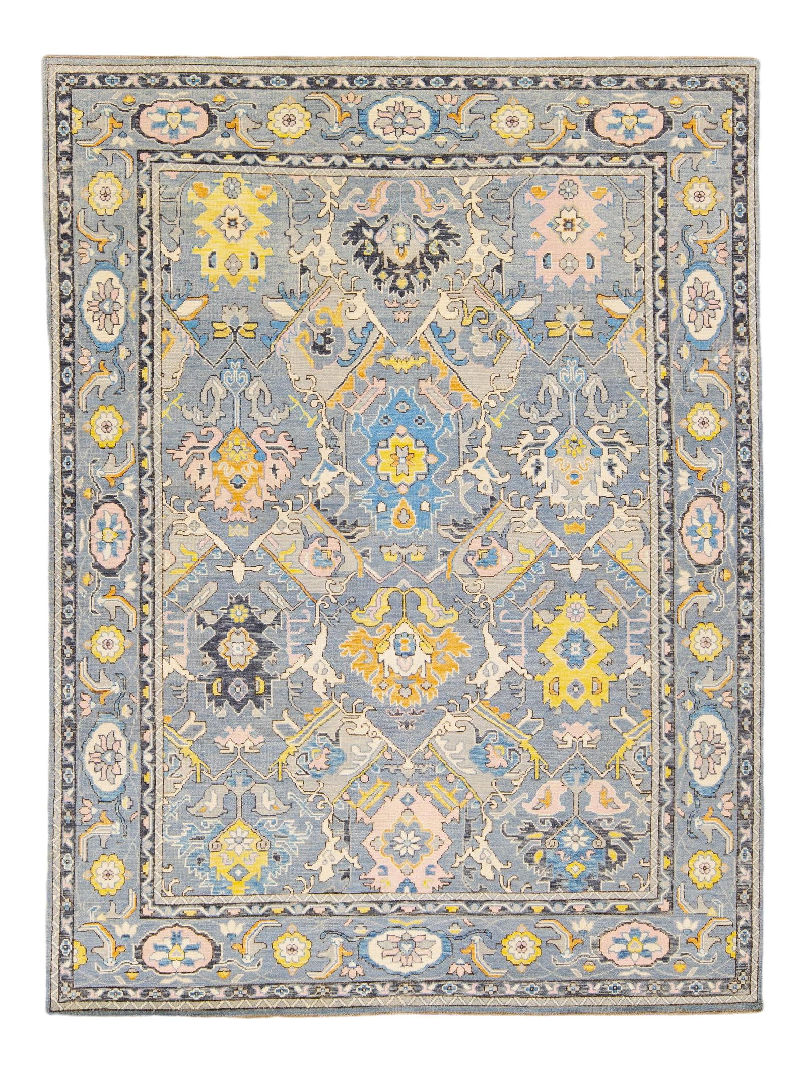 Gray Modern Oushak Hand-Knotted Wool Rug 9'3 x 12'5 Floral Design: Gray Modern Oushak Hand-Knotted Wool Rug 9'3 x 12'5 Floral Design Enhance your living space with this exquisite modern Oushak hand-knotted wool rug, featuring a captivating gray field complemented by 