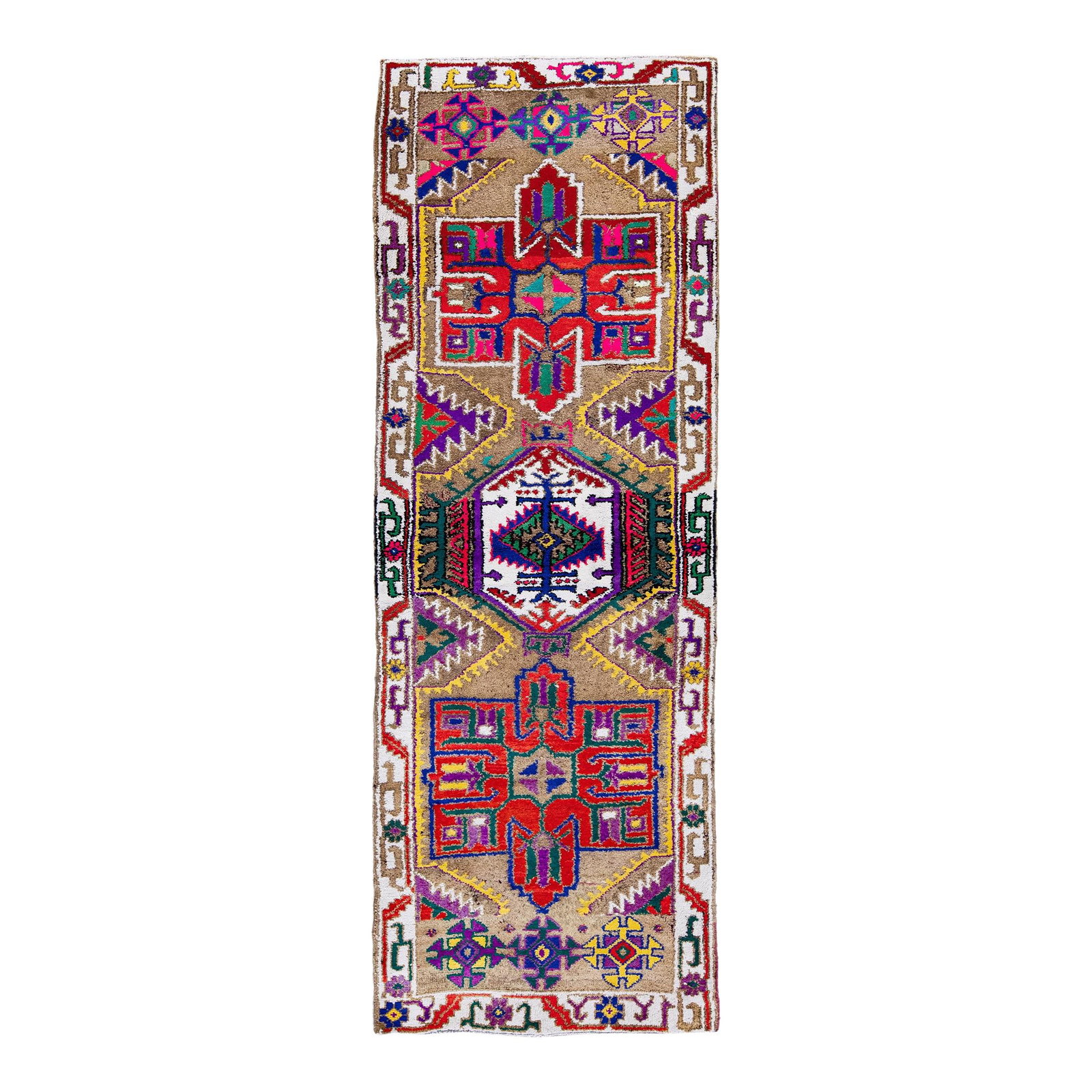 Vintage Turkish Handmade Wool Runner Multicolor Tribal Design 3' x 8'11": Vintage Turkish Handmade Wool Runner Multicolor Tribal Design 3' x 8'11" Enhance your space with this stunning vintage Turkish hand-knotted wool runner. Featuring a warm tan field, it is beautifully f