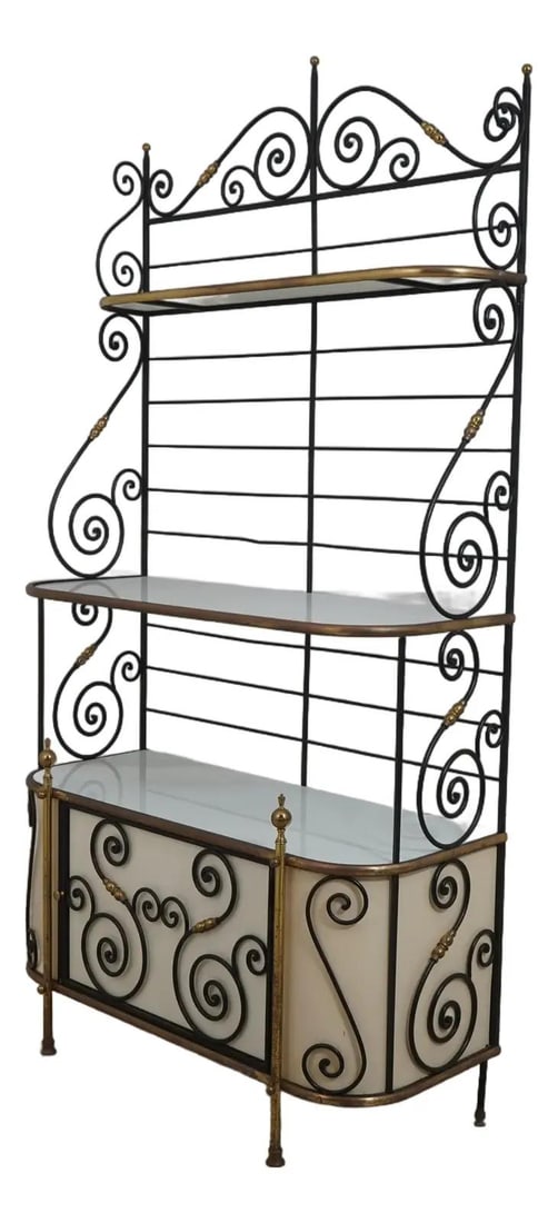 Vintage Country French Iron Brass Bakers Rack with Milk Glass Shelves: Vintage Country French Iron Brass Bakers Rack with Milk Glass Shelves This vintage bakers rack showcases a beautiful blend of iron and brass, featuring elegant scrolled iron work sides that add a touc