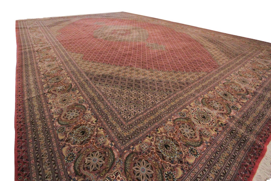 Hand Knotted Tabriz Wool Silk Medallion Rug 12 x 17 ft: Hand Knotted Tabriz Wool Silk Medallion Rug 12 x 17 ft This is an exceptionally fine Persian Tabriz rug, hand-knotted from wool and silk, featuring a traditional geometric medallion pattern. Crafted i