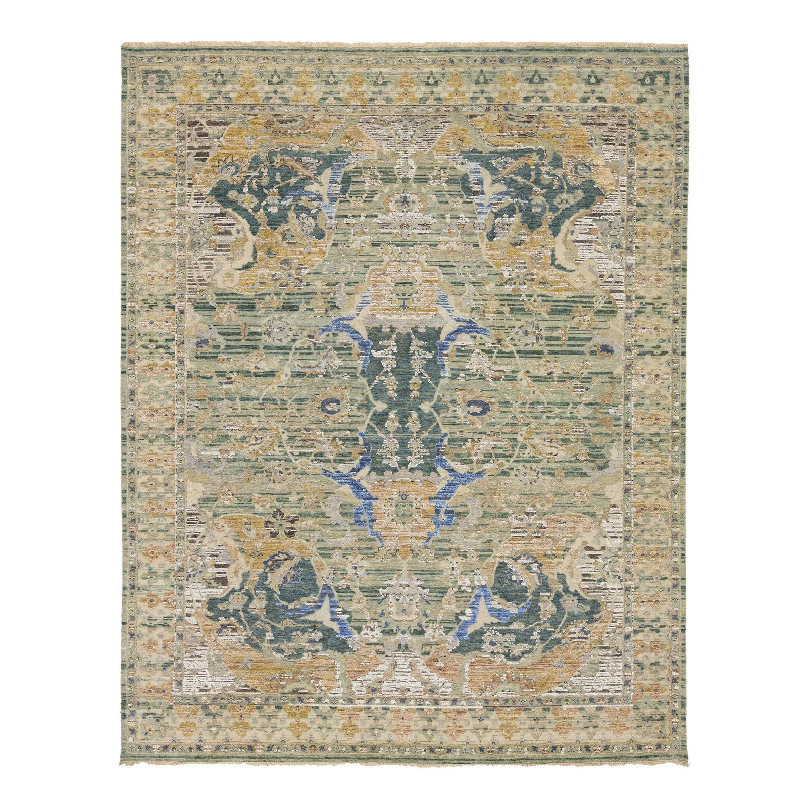 Handmade Wool Rug Green Floral Design 8' x 10' Artisan Collection: Handmade Wool Rug Green Floral Design 8' x 10' Artisan Collection Introducing the Artisan Collection Handmade Indian Wool & Silk Rug, a stunning piece that effortlessly combines elegance with a touch 