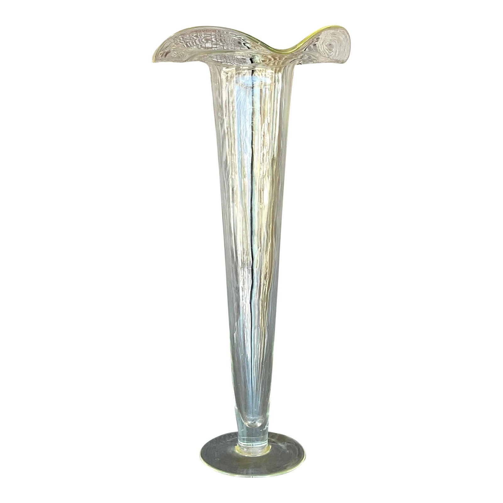 Vintage Boho Fluted Trumpet Glass Vase 24.25" Tall: Vintage Boho Fluted Trumpet Glass Vase 24.25" Tall Enhance your floral displays with this stunning vintage boho fluted trumpet glass vase. This hand-blown piece showcases a tall, slender silhouette co