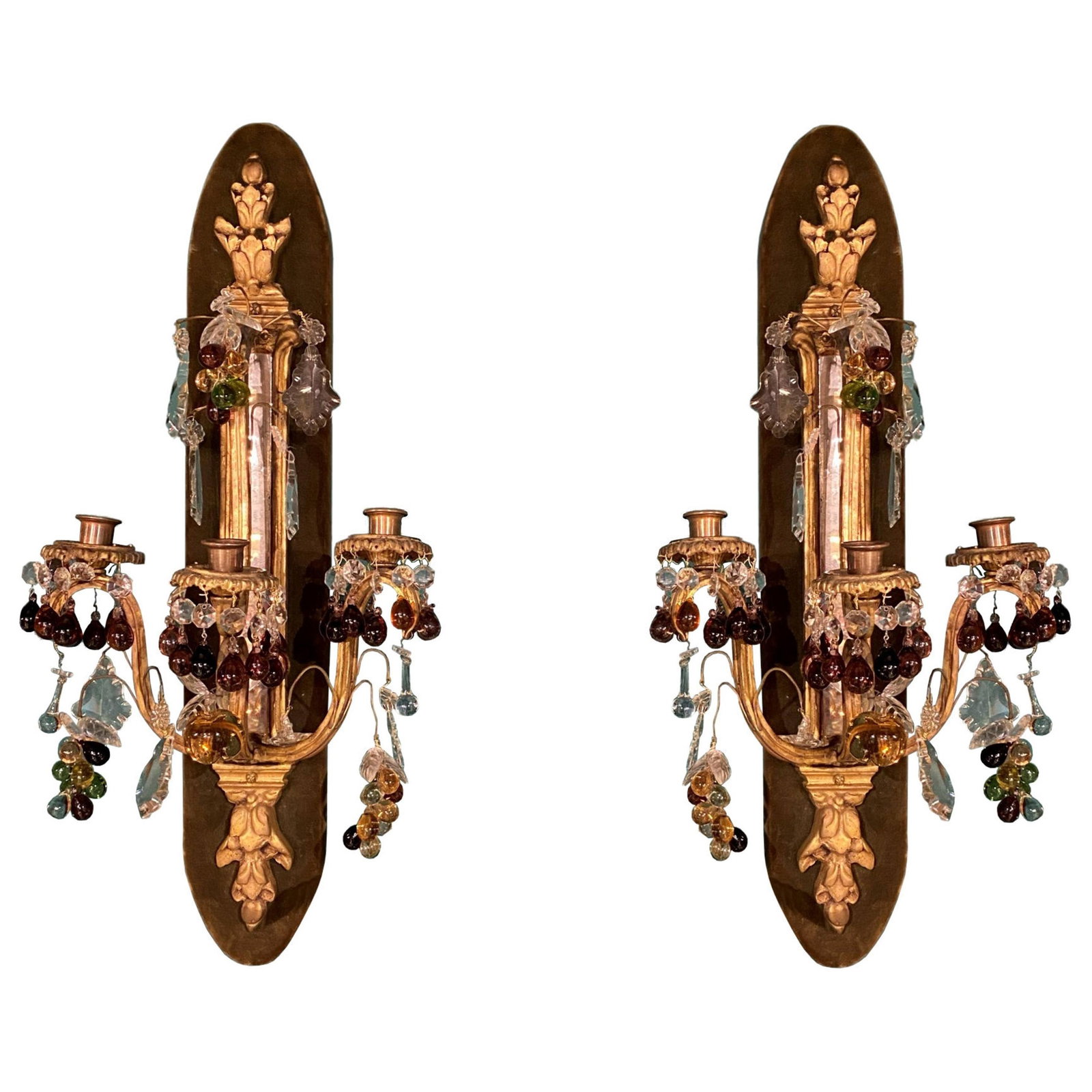 Set of 2 French Bronze Wall Sconces with Fruit Crystal Drops (1 of 12)