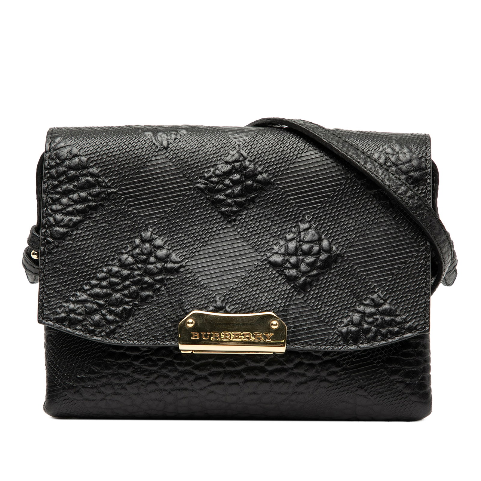 Langley Black Crossbody Bag by Burberry in Embossed Grain Check Leather: Langley Black Crossbody Bag by Burberry in Embossed Grain Check Leather This Burberry Embossed Grain Check Leather Langley Crossbody features an embossed leather exterior, a flat leather strap, and a 