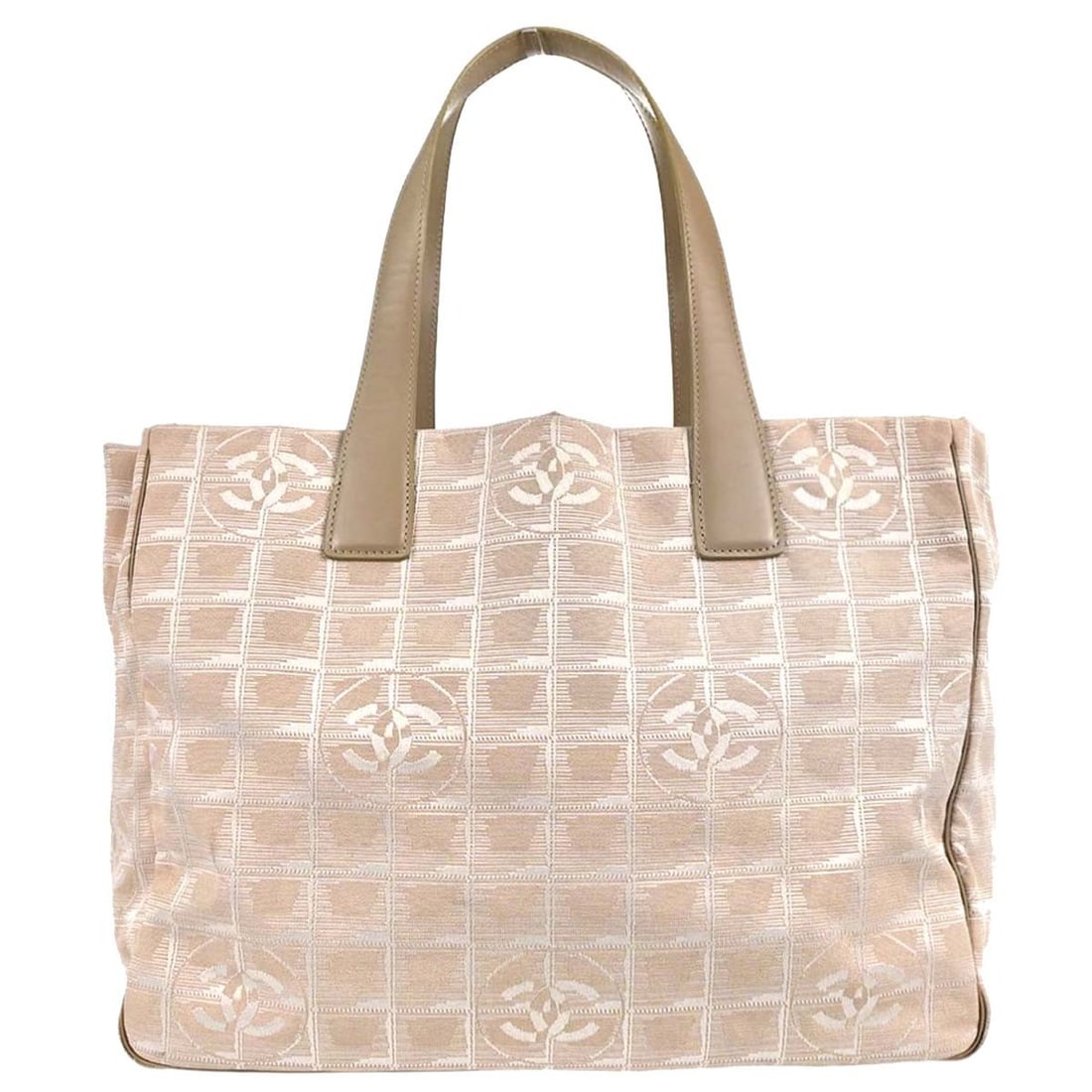 CHANEL Travel Line Beige Jacquard Nylon Tote Bag: CHANEL Travel Line Beige Jacquard Nylon Tote Bag Chanel Travel Line tote handbag in beige jacquard nylon with leather trim. This medium tote features a nylon lining and two interior zipper pockets. Ma