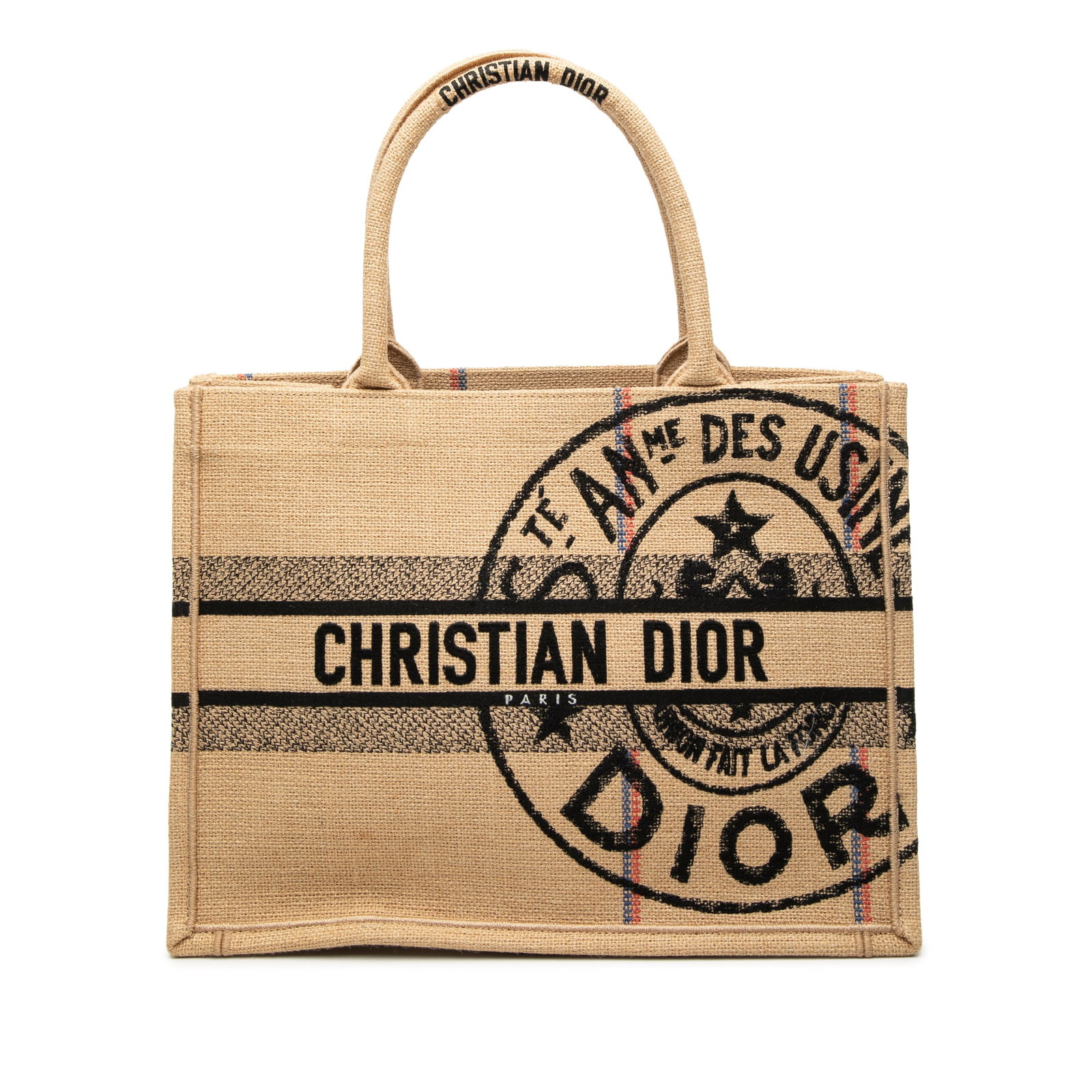 Dior Book Tote Medium Beige Jute Embroidered Bag: Dior Book Tote Medium Beige Jute Embroidered Bag This medium Book Tote features a jute embroidered body with rolled handles and an open top. Made in Italy, it is presented in beige fabric. Condition i