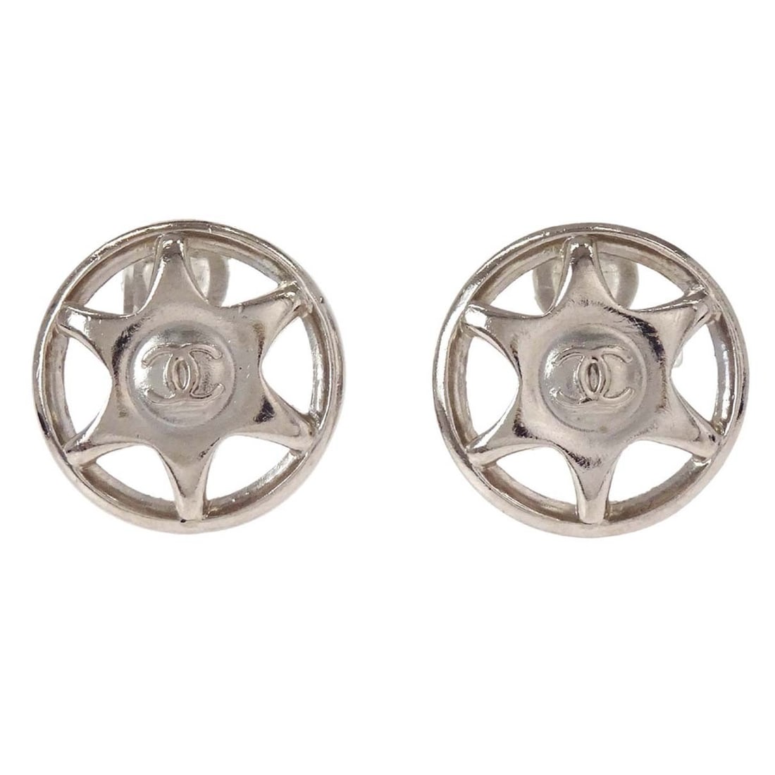 CHANEL 97A Silver Plated Button Clip On Earrings (1 of 5)