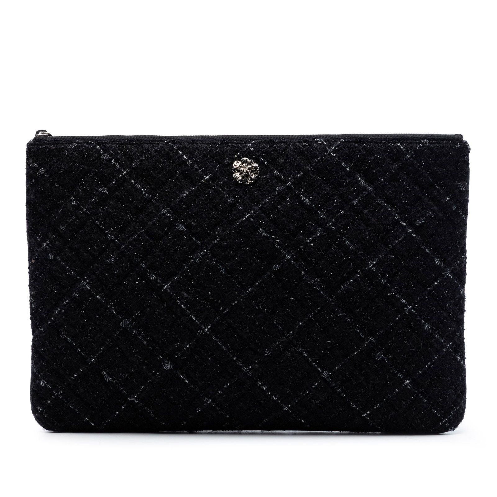 Chanel Camellia O Case Black Tweed and Lambskin Quilted Clutch Bag: Chanel Camellia O Case Black Tweed and Lambskin Quilted Clutch Bag This Chanel clutch features a quilted tweed and lambskin exterior with a top zip closure. The bag is crafted in Italy and designed in