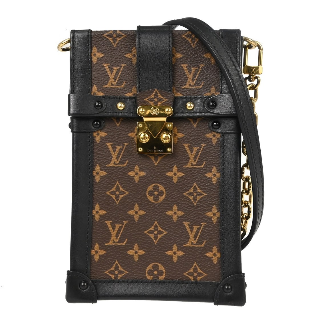 Louis Vuitton Monogram Pochette Trunk Vertical Mini Shoulder Bag M63913: Louis Vuitton Monogram Pochette Trunk Vertical Mini Shoulder Bag M63913 Vintage Louis Vuitton Monogram Pochette Trunk Vertical shoulder bag in monogram canvas and leather. This mini shoulder bag featu
